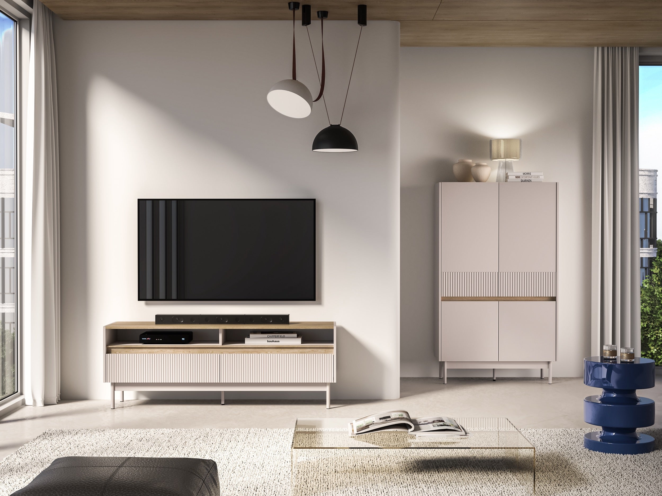 TV-Schrank Dunea mit zwei Schubladen und Fächern, 154 cm, Kaschmir/Eiche