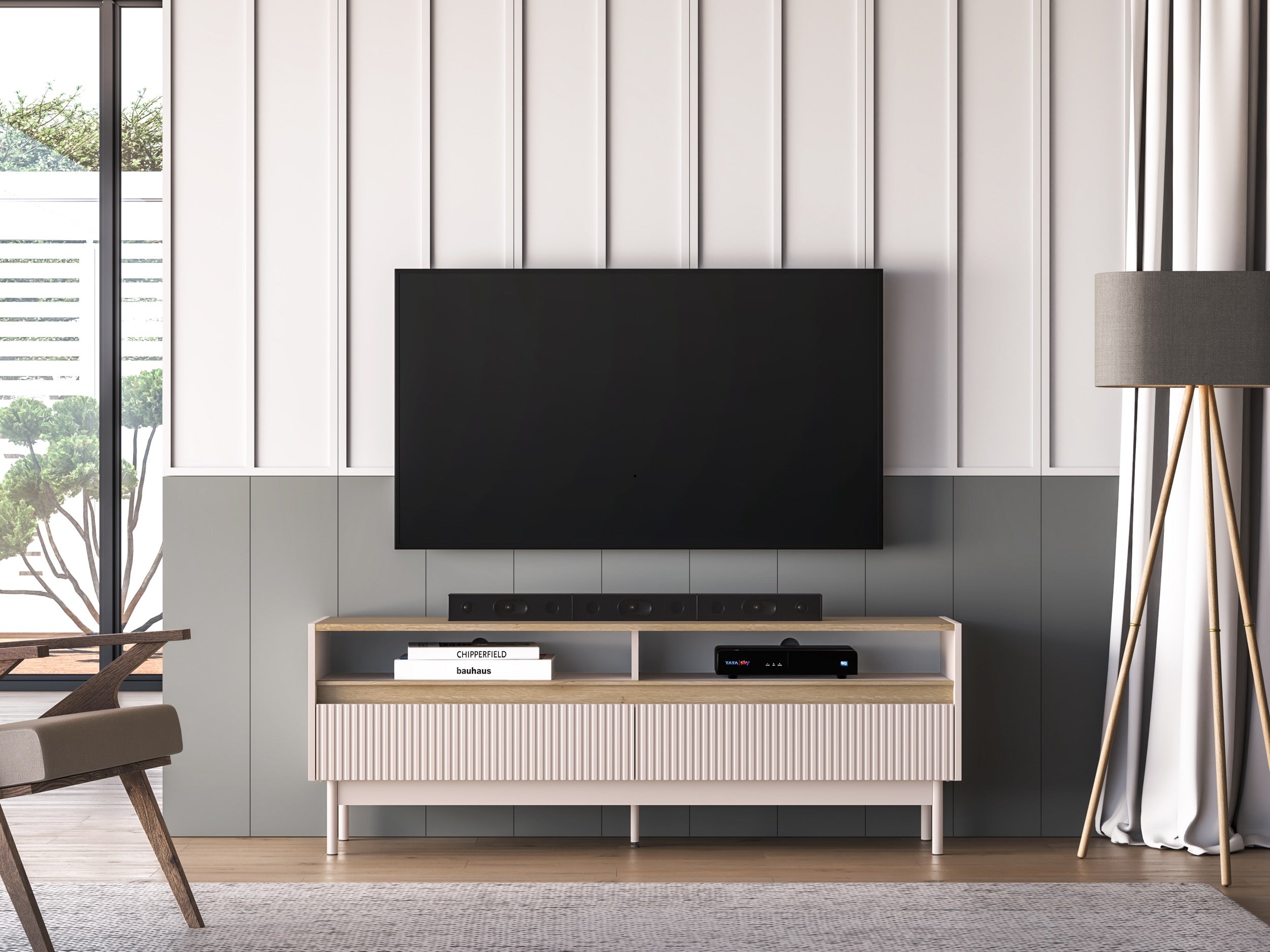 TV-Schrank Dunea mit zwei Schubladen und Fächern, 154 cm, Kaschmir/Eiche