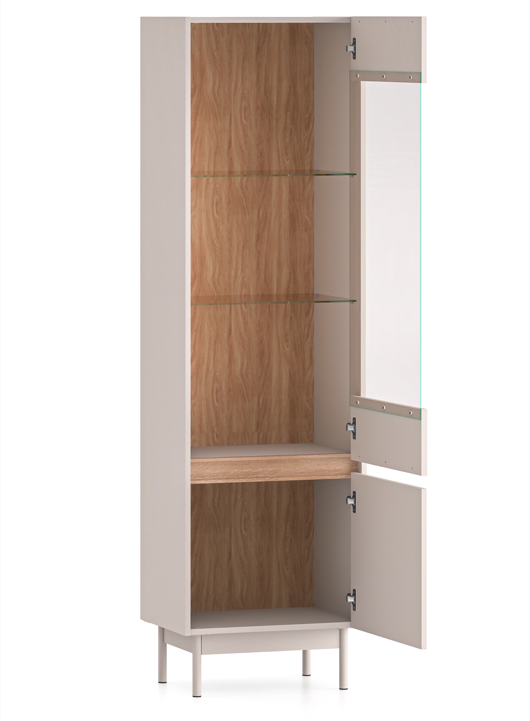 Zweiflügelige Vitrine Dunea mit Glas und Beleuchtung, 55 cm, Kaschmir/Eiche