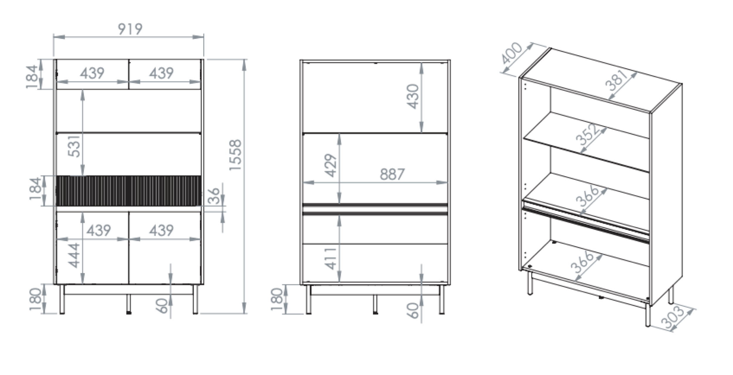 Vitrine mit vier Türen Dunea, verglast mit Beleuchtung, 92 cm, Kaschmir/Eiche