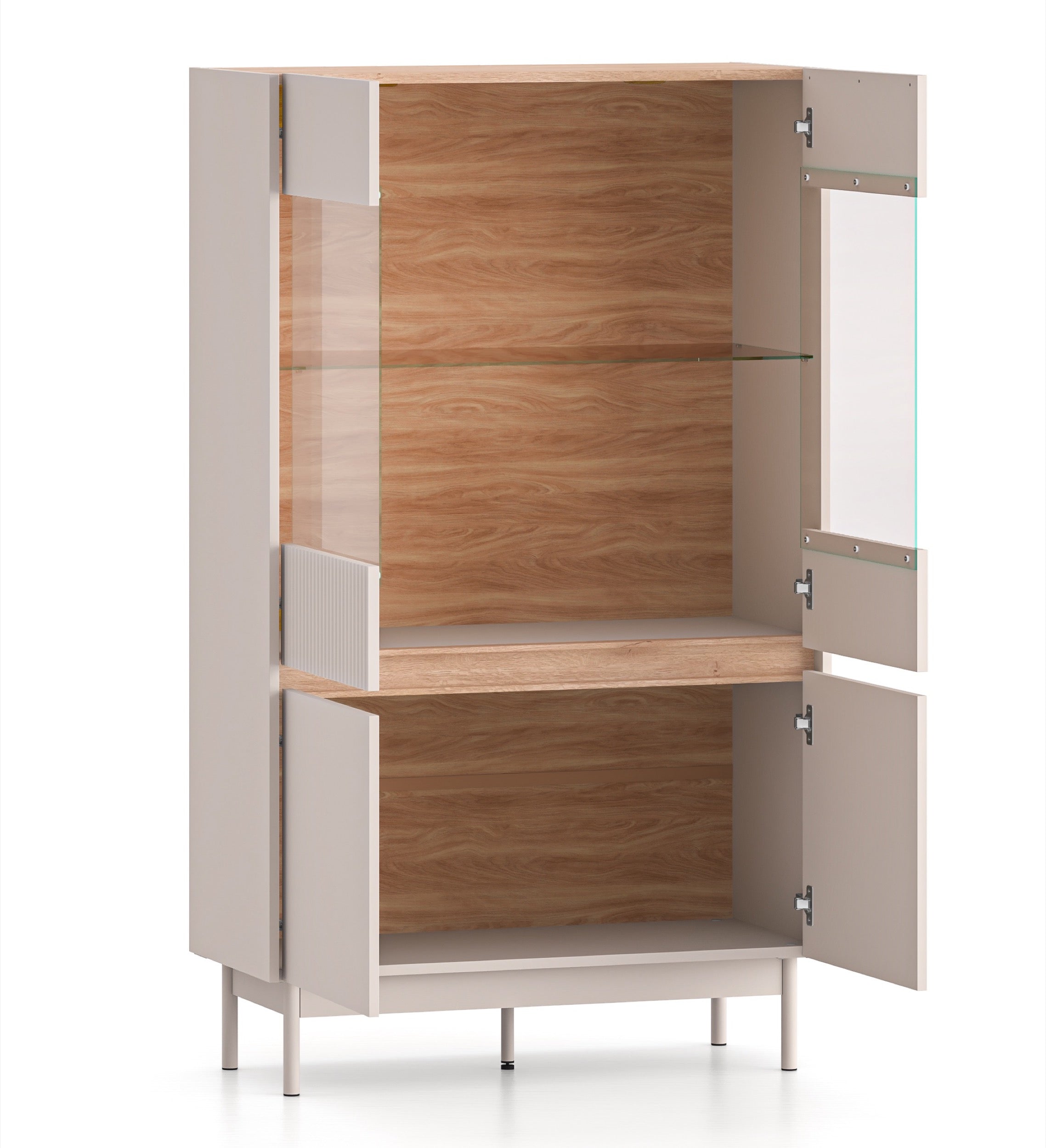 Vitrine mit vier Türen Dunea, verglast mit Beleuchtung, 92 cm, Kaschmir/Eiche