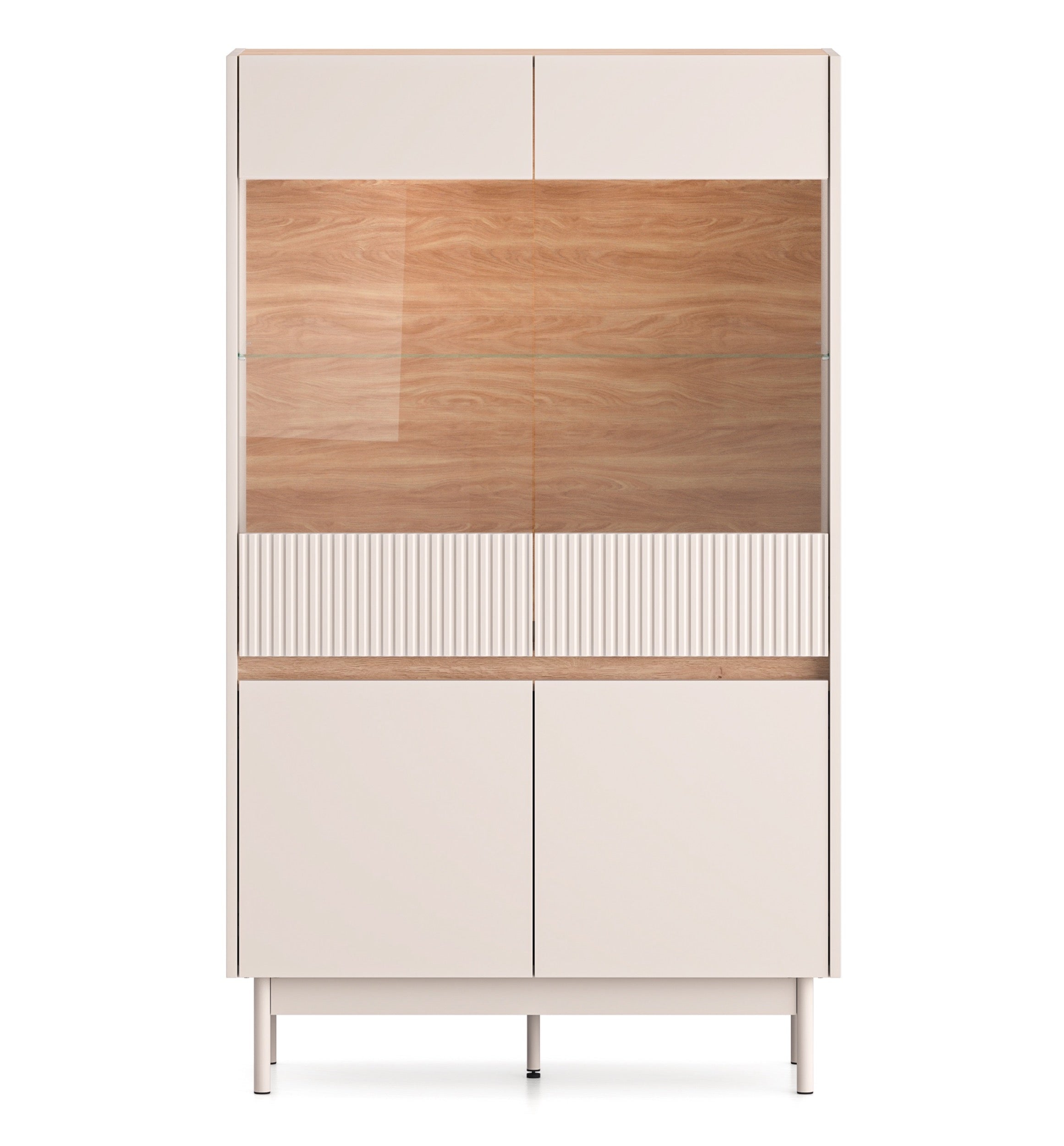 Vitrine mit vier Türen Dunea, verglast mit Beleuchtung, 92 cm, Kaschmir/Eiche