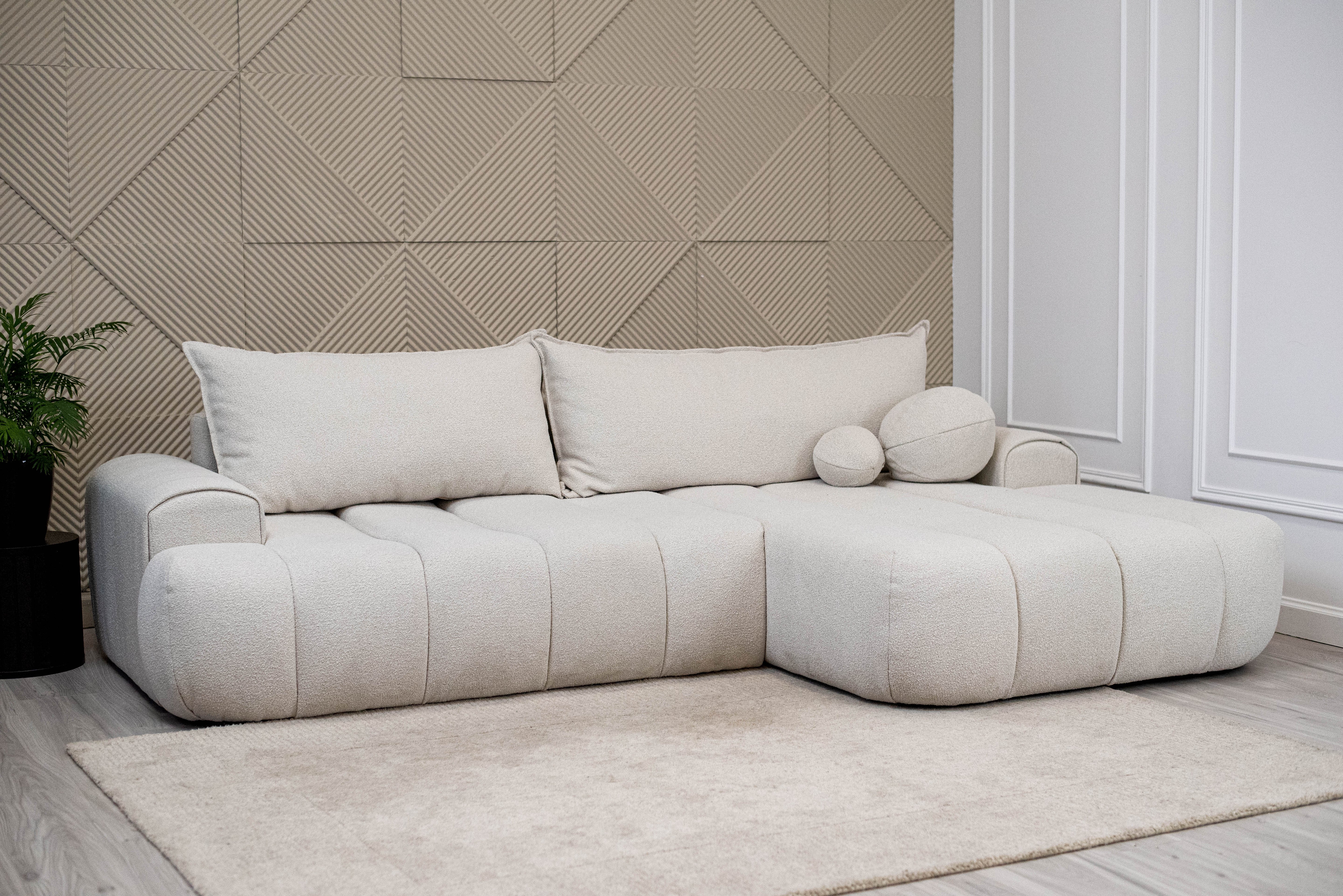 Ecksofa mit Schlaffunktion Dandelino, L-Form, rechtsseitig, mit Stauraum, cremefarbenes Bouclé