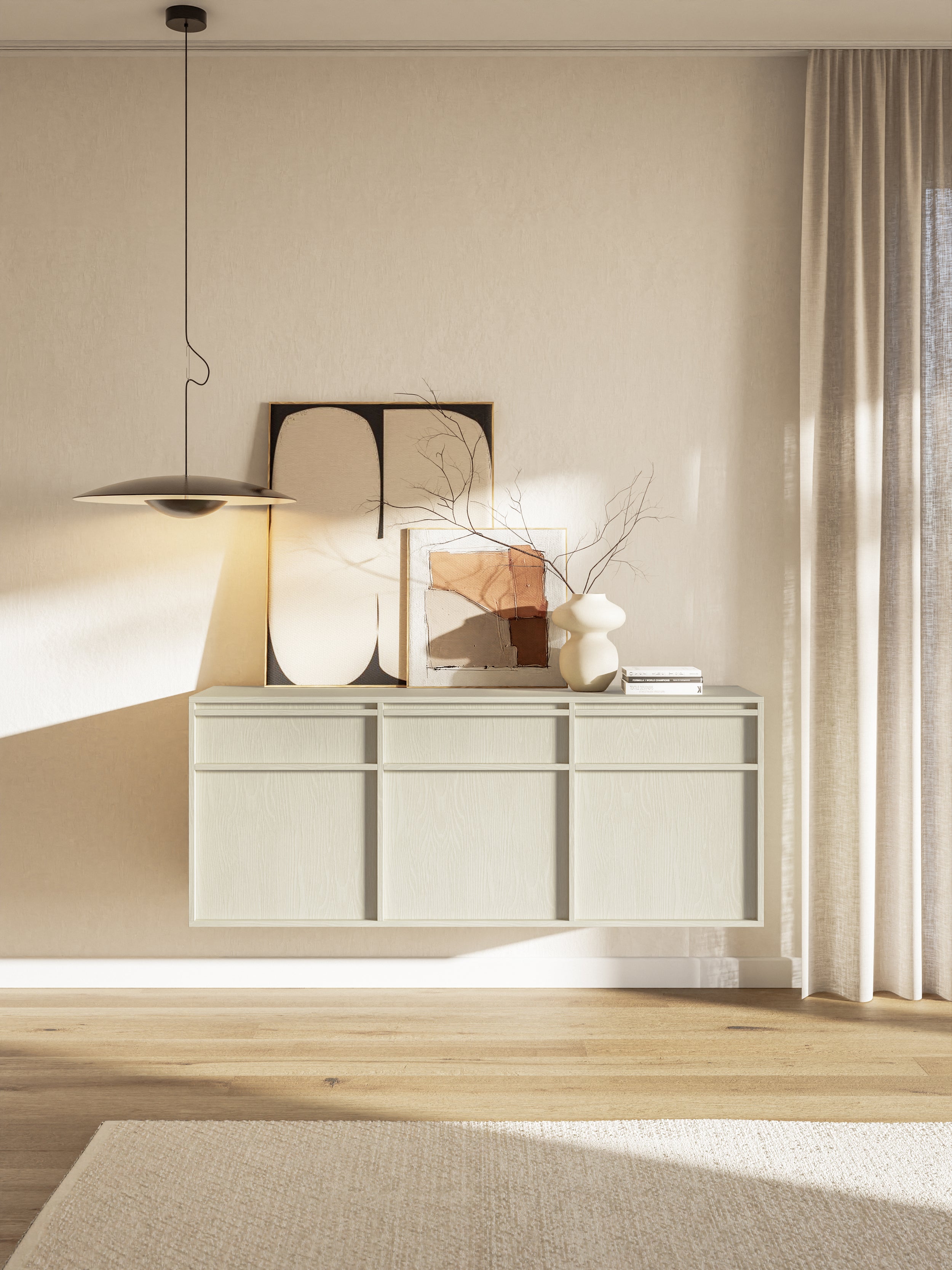 Hängende dreitürige Kommode Evo mit Schubladen, 154 cm, Sandbeige