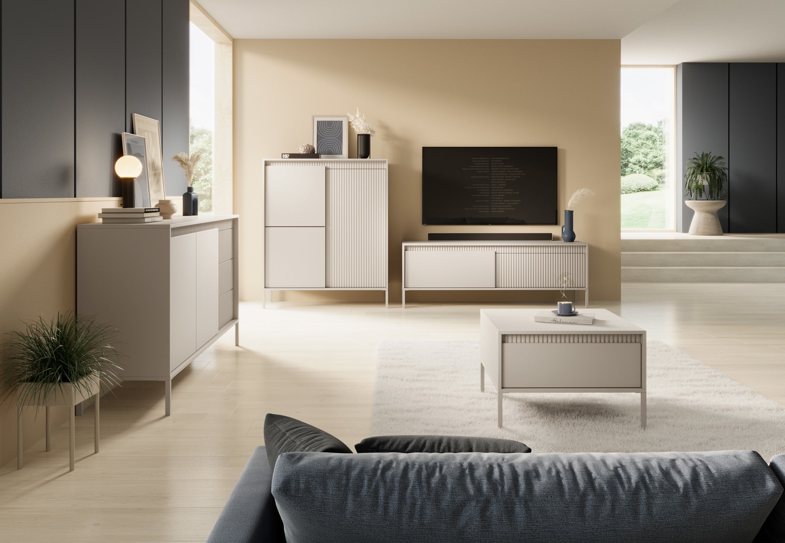 Zweiturige Kommode Falsetto mit gerillten Fronten und drei Schubladen, 154 cm, beige