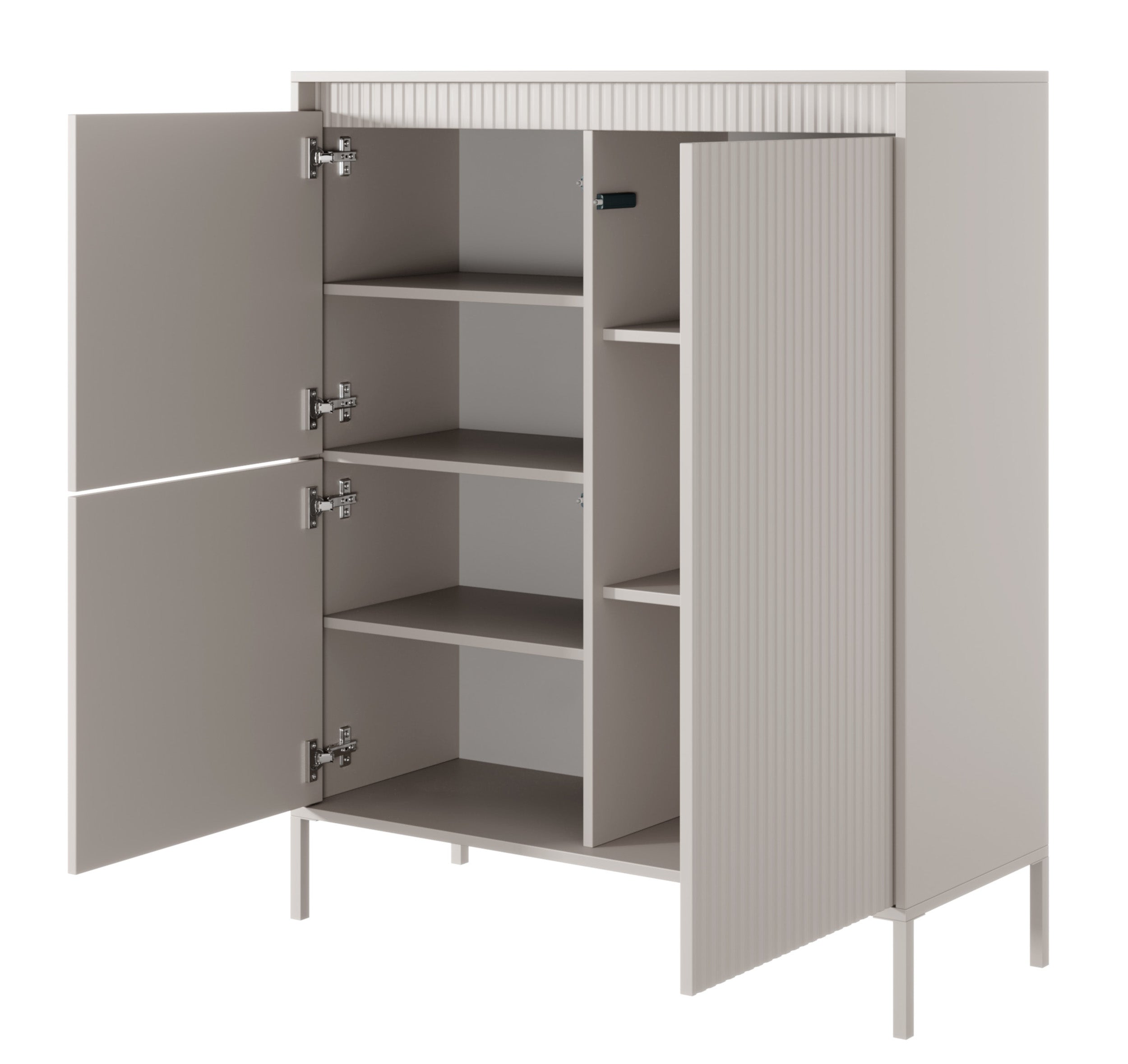Hohe Kommode Falsetto mit drei Türen und gerillten Fronten, 104 cm, beige