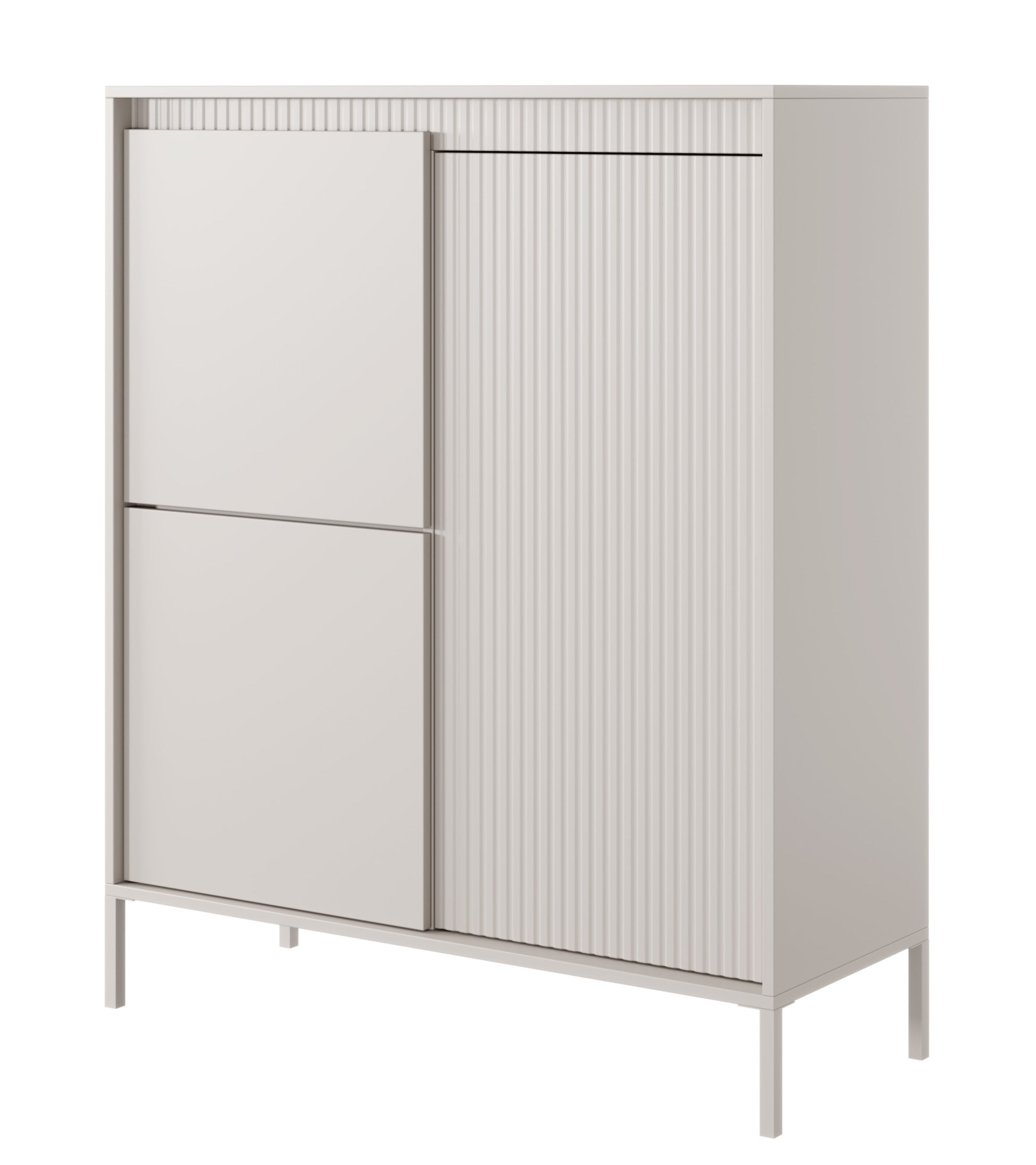 Hohe Kommode Falsetto mit drei Türen und gerillten Fronten, 104 cm, beige