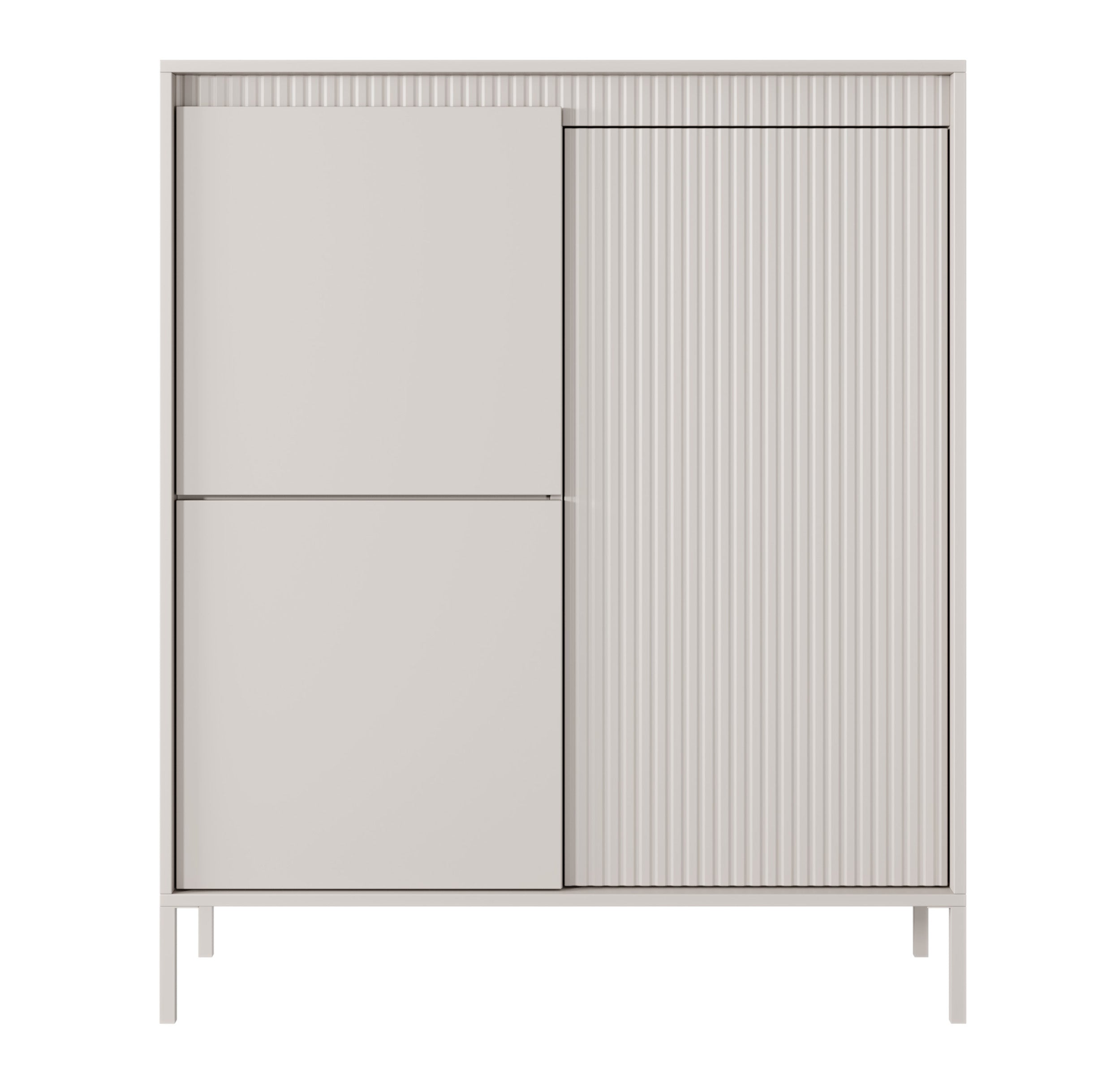 Hohe Kommode Falsetto mit drei Türen und gerillten Fronten, 104 cm, beige