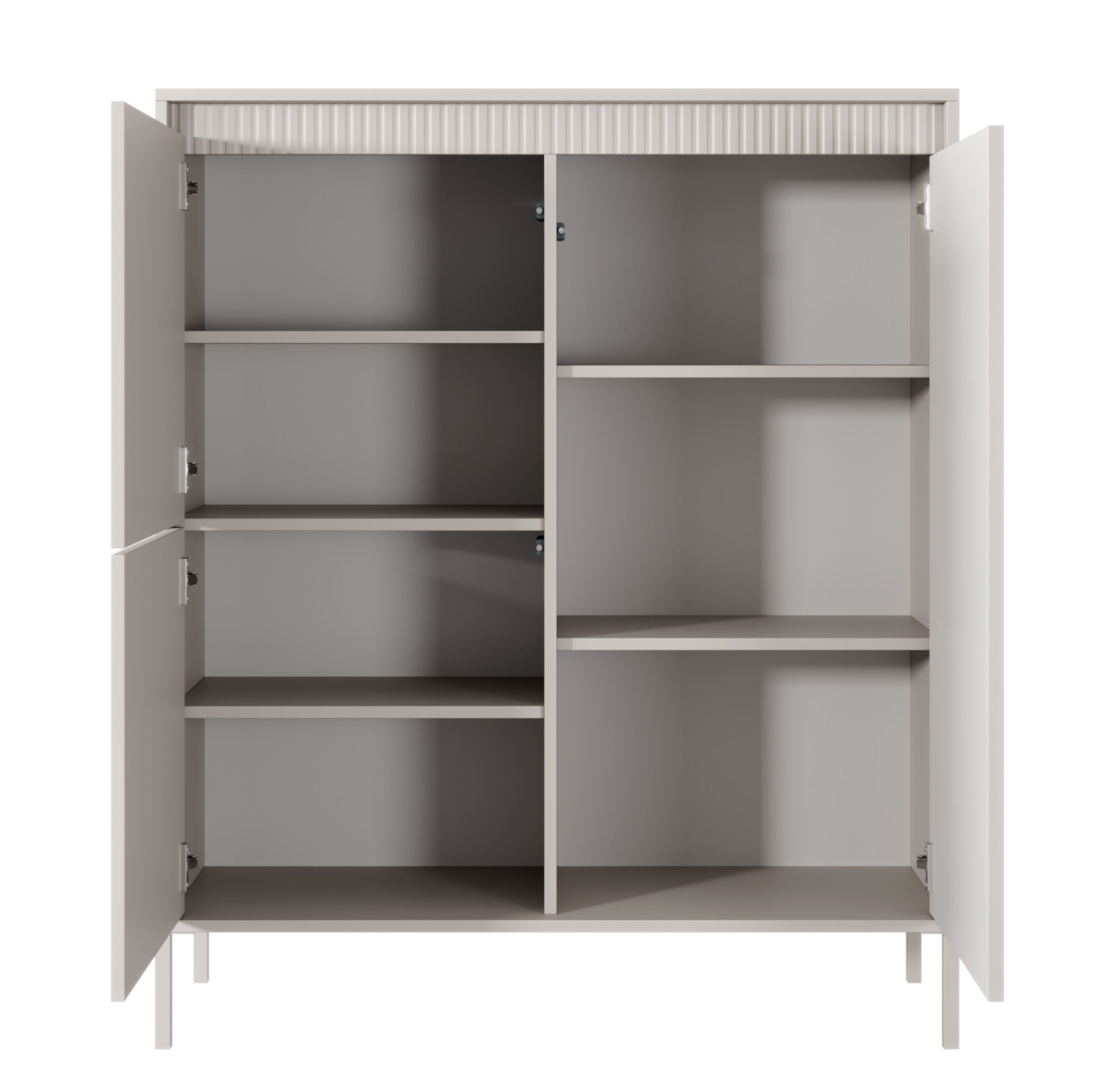 Hohe Kommode Falsetto mit drei Türen und gerillten Fronten, 104 cm, beige
