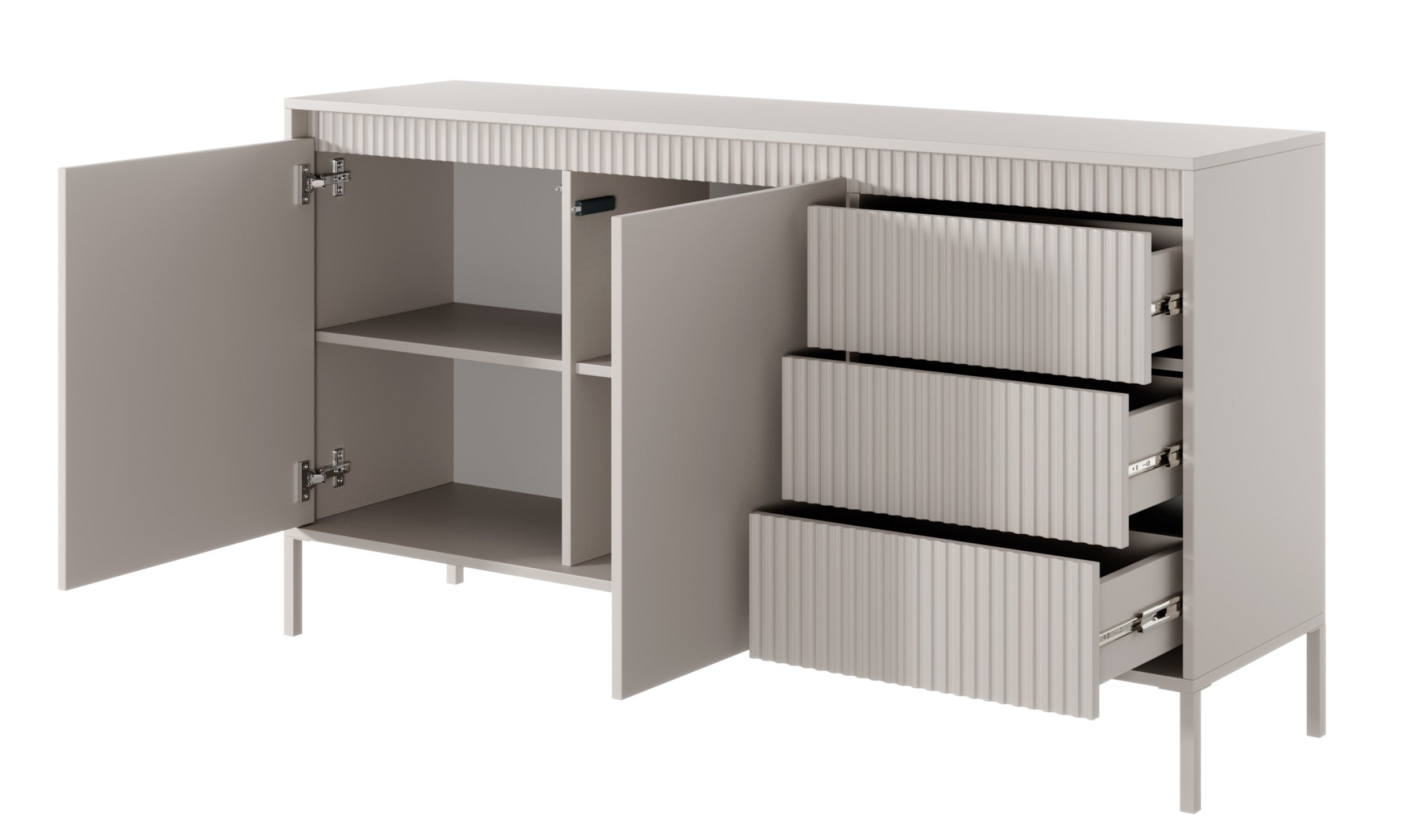 Zweiturige Kommode Falsetto mit gerillten Fronten und drei Schubladen, 154 cm, beige