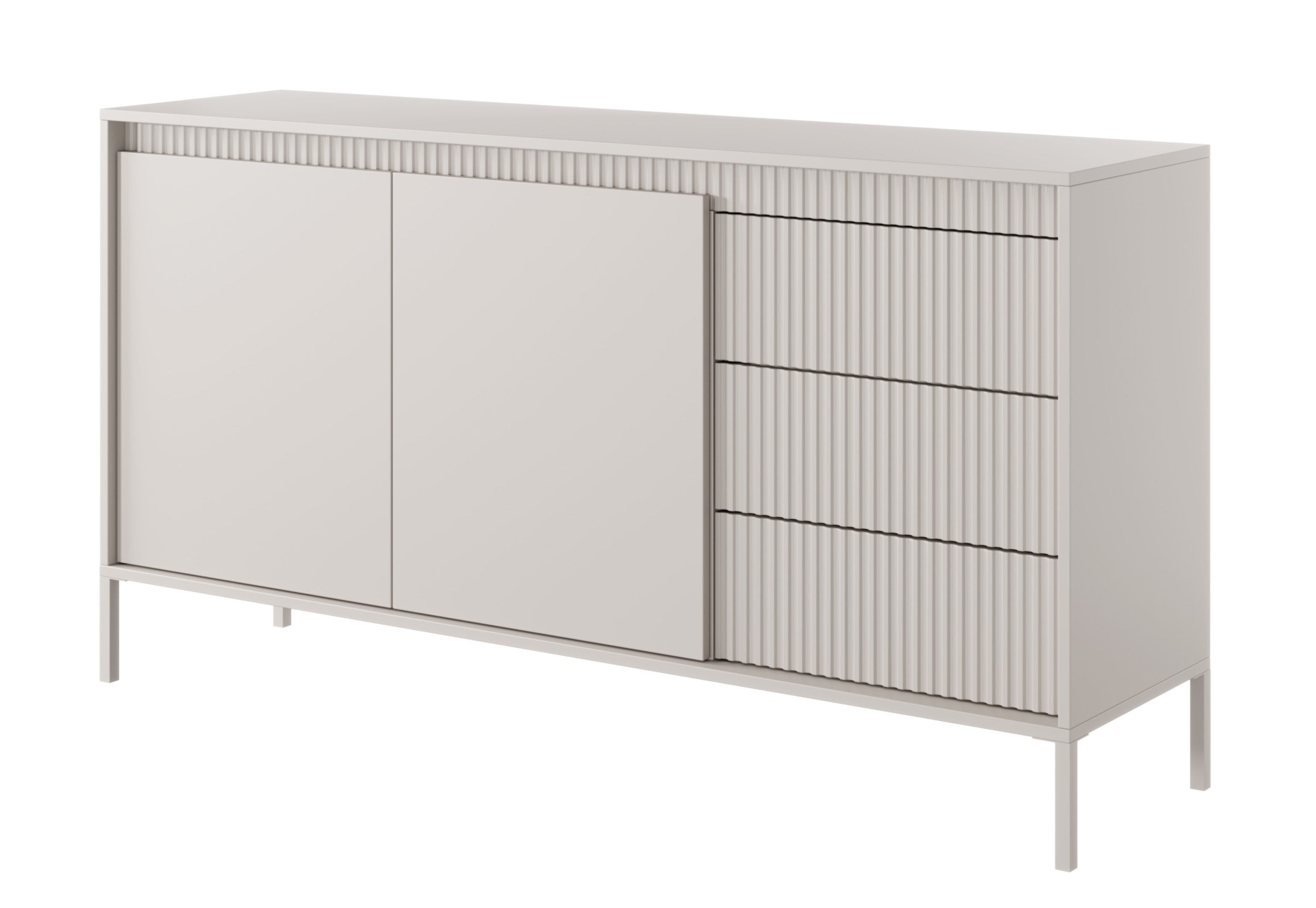 Zweiturige Kommode Falsetto mit gerillten Fronten und drei Schubladen, 154 cm, beige