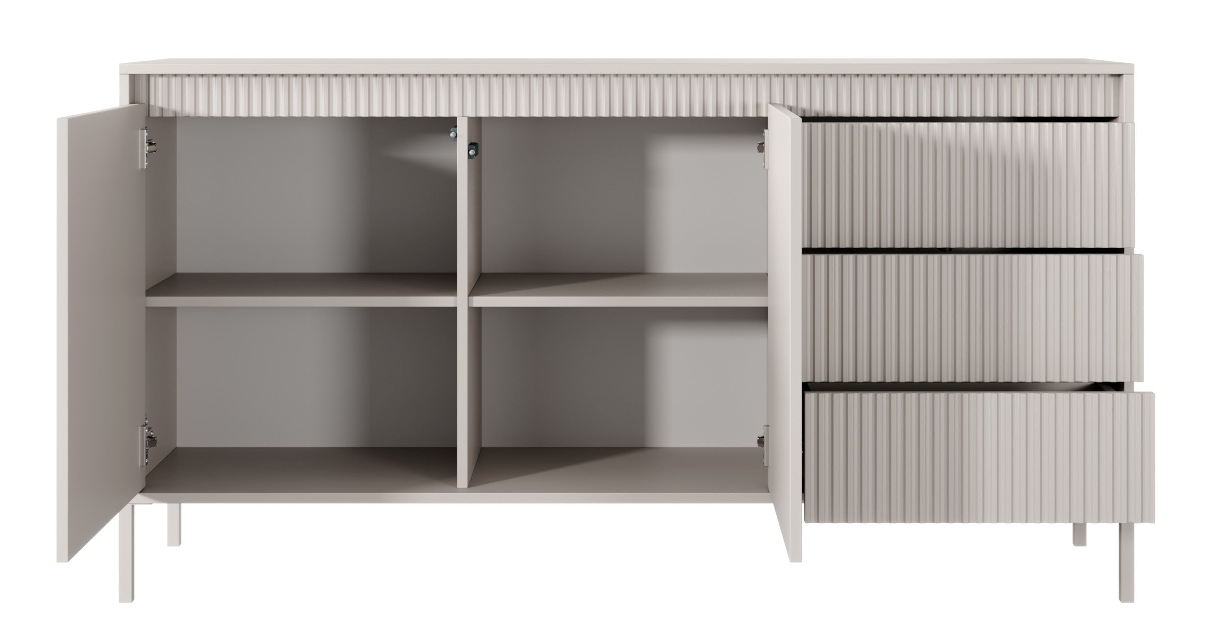 Zweiturige Kommode Falsetto mit gerillten Fronten und drei Schubladen, 154 cm, beige