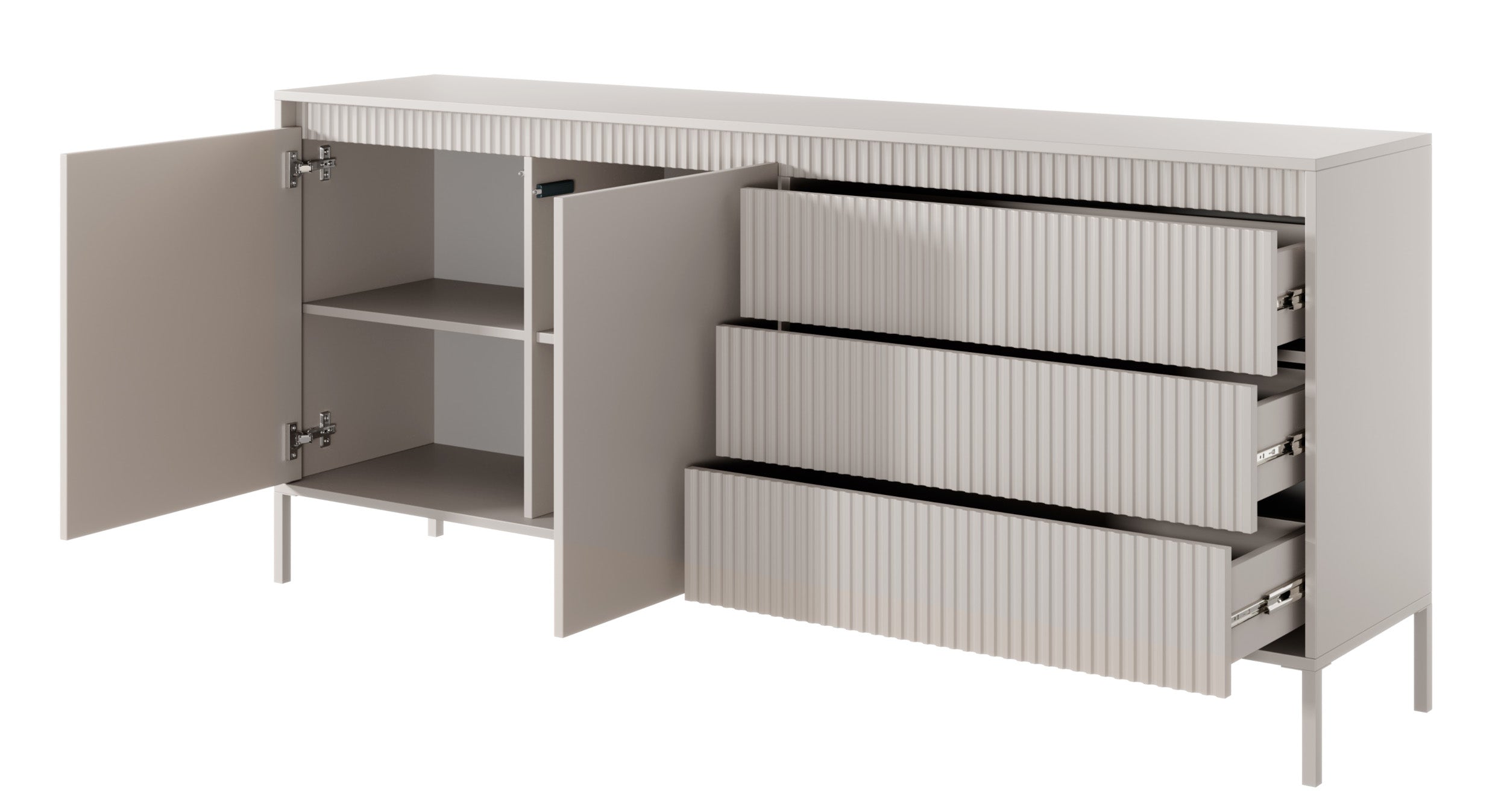 Zweiturige Kommode Falsetto mit gerillten Fronten und drei Schubladen, 187 cm, beige