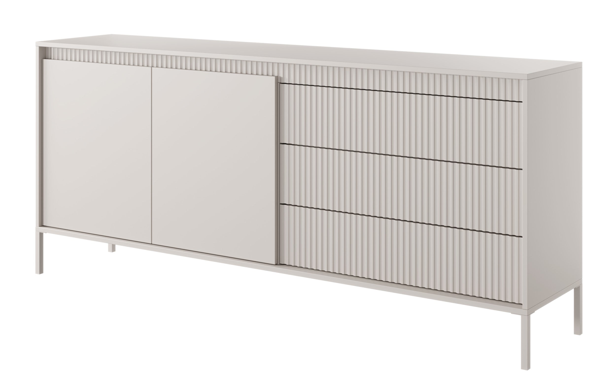 Zweiturige Kommode Falsetto mit gerillten Fronten und drei Schubladen, 187 cm, beige