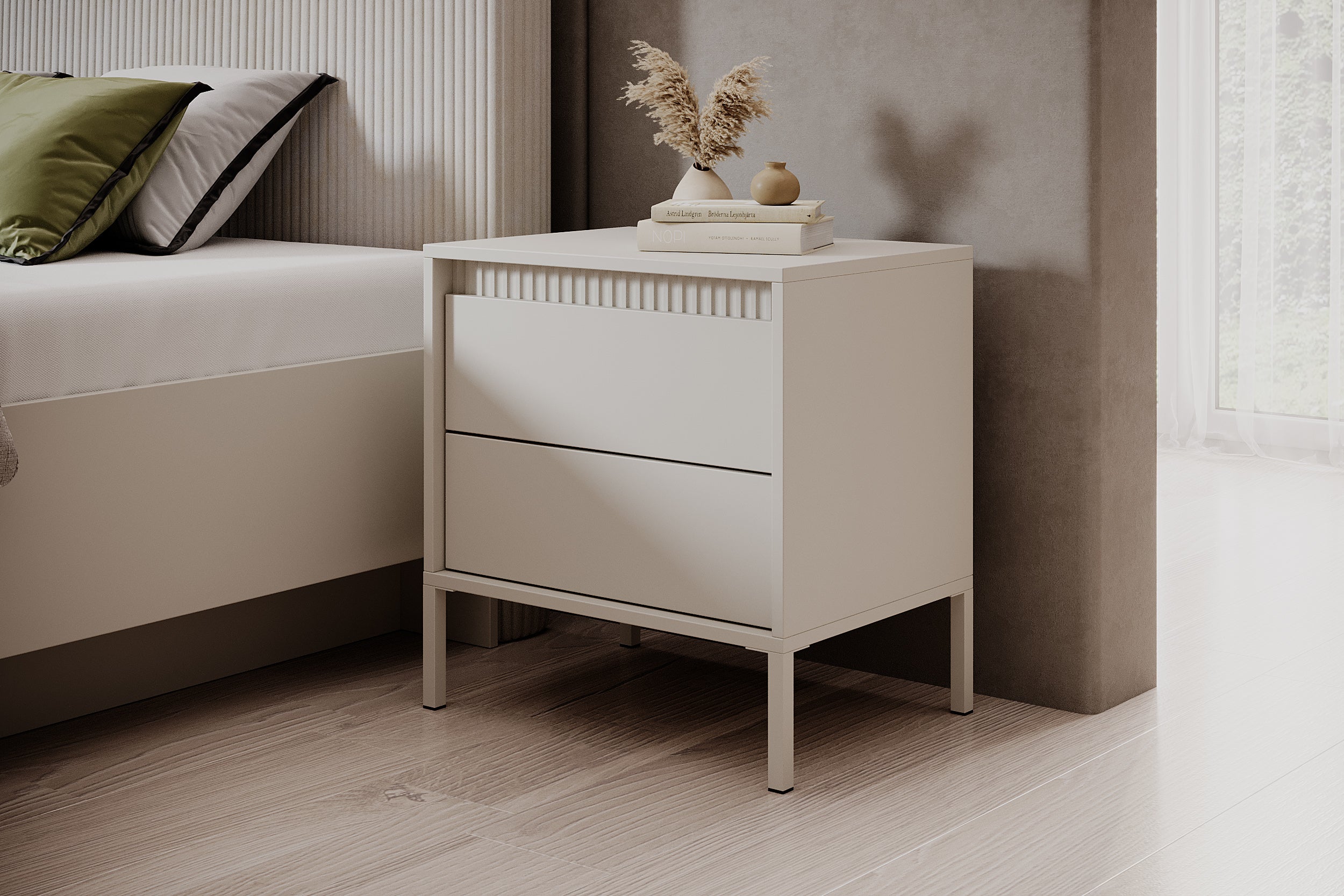 Nachttisch Falsetto mit geriffelten Fronten und einer Schublade, 68 cm, beige