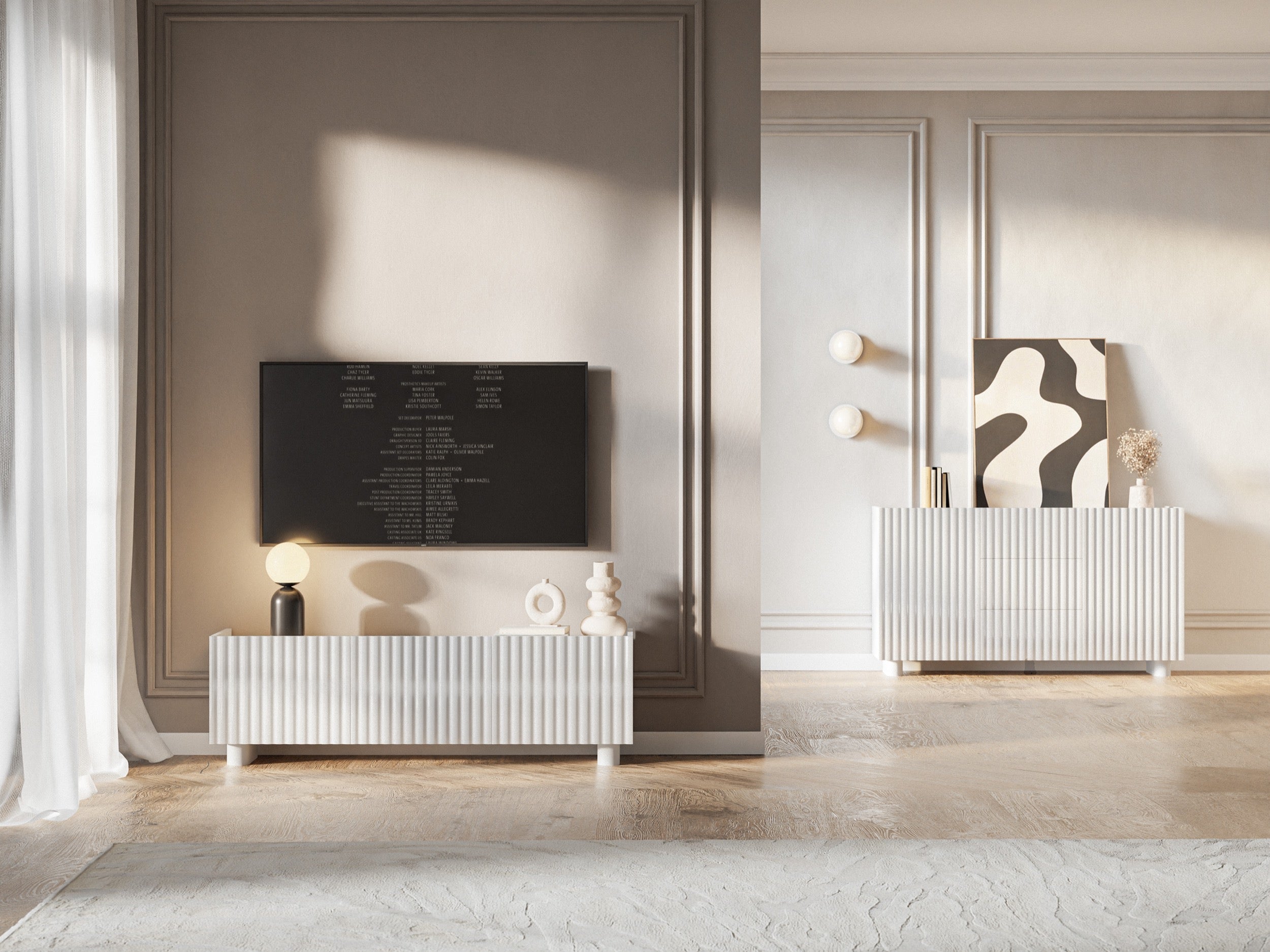 Drehtür-TV-Schrank Fiorra 144 cm Hochglanz Weiß