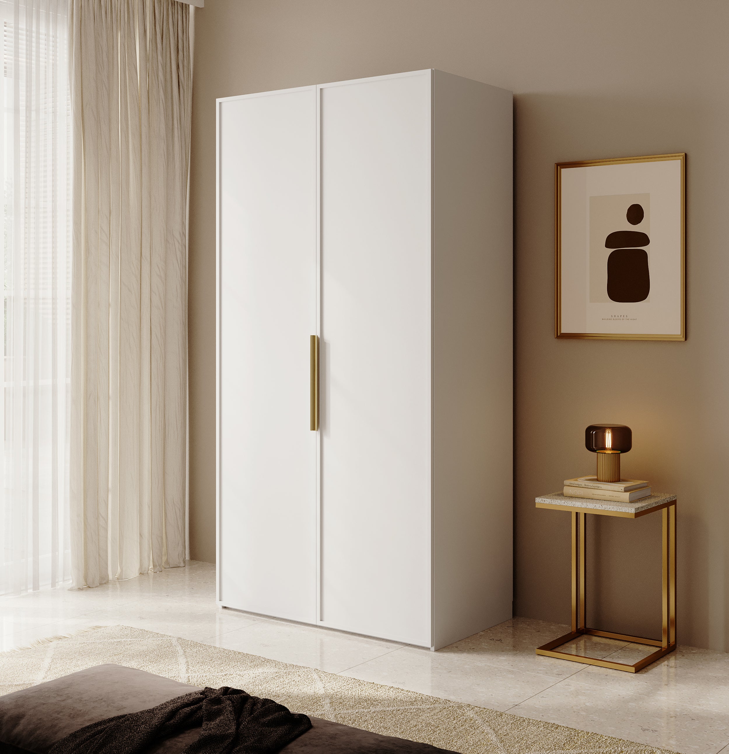 Zweiflügeliger Kleiderschrank Frame mit Kleiderstange, Regalen und Container 100 cm Weiß