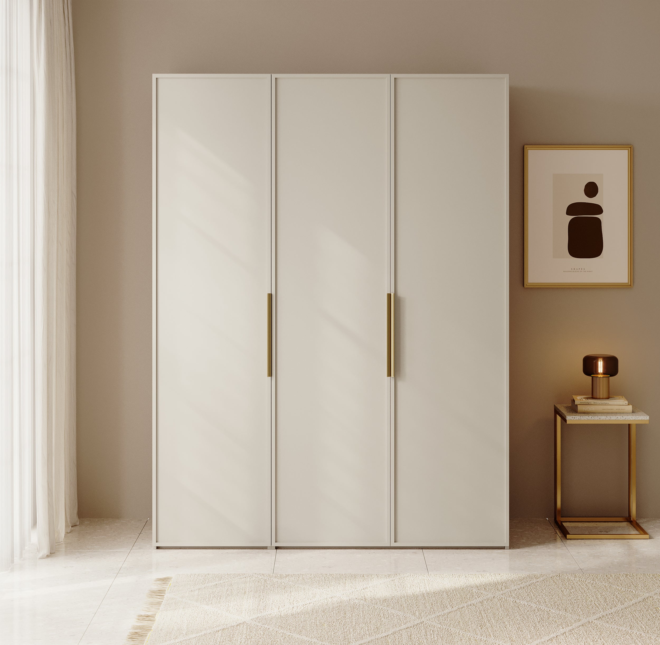 Drehtürenschrank Frame mit drei Türen und zwei Kleiderstangen, 150 cm, Grau-Beige