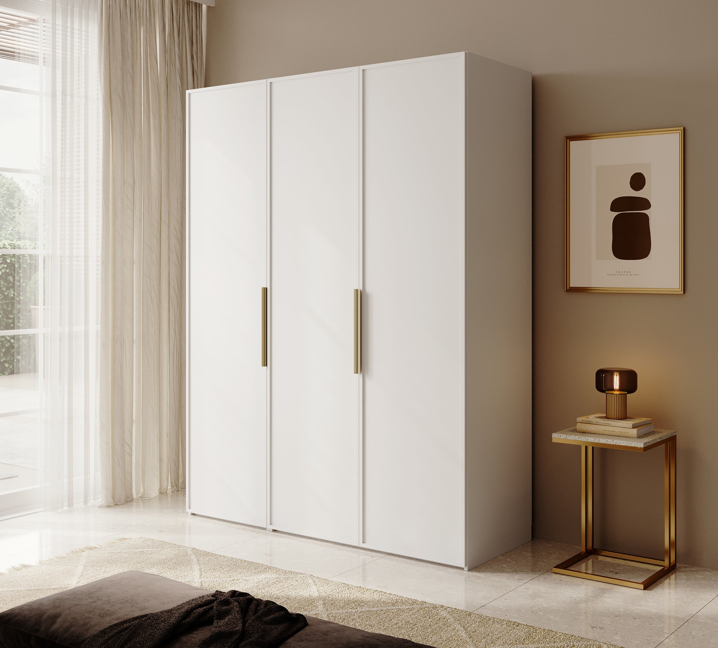 Drehtürenschrank Frame mit drei Türen, zwei Kleiderstangen, 150 cm, Weiß
