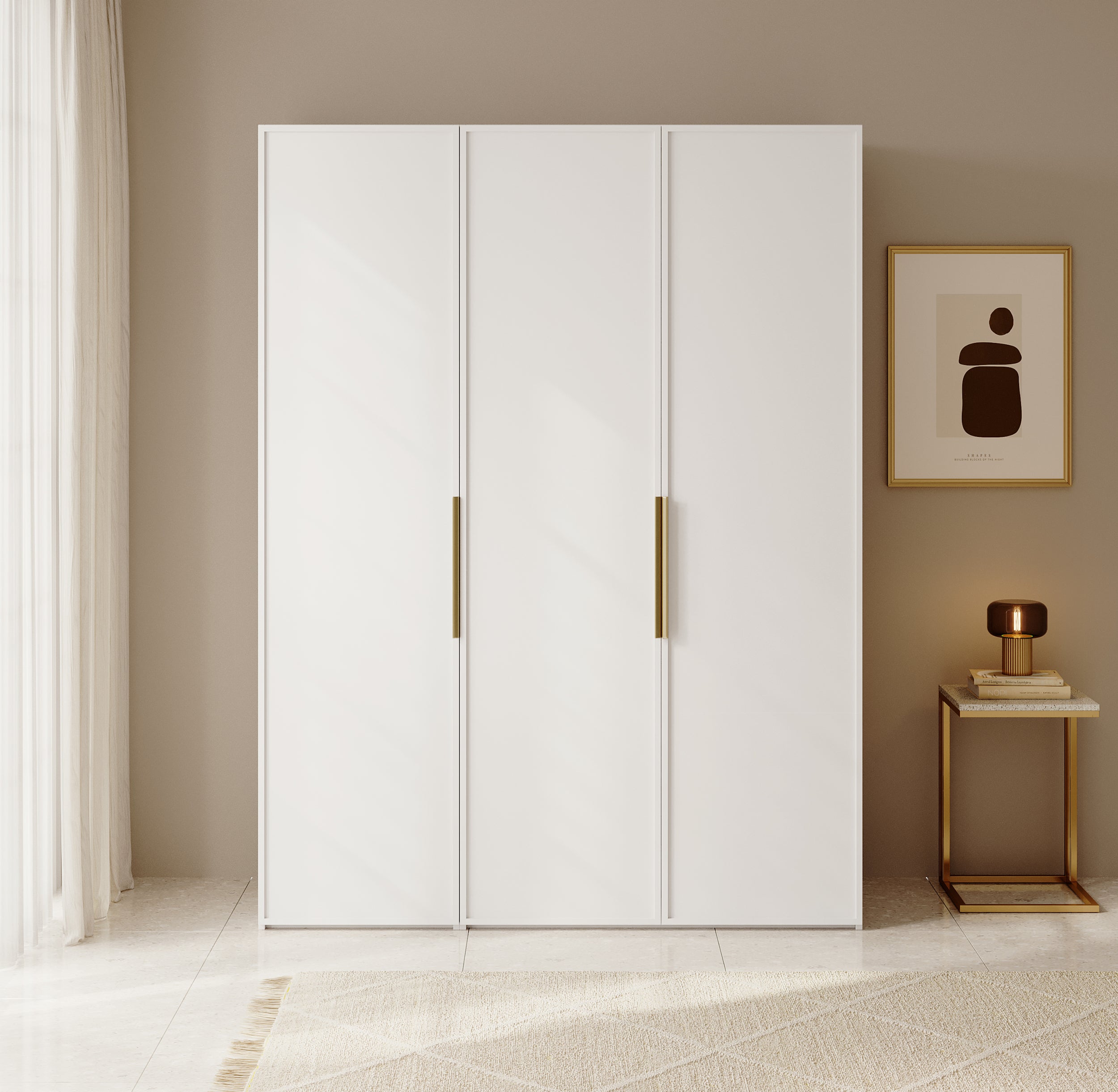 Drehtürenschrank Frame mit drei Türen, zwei Kleiderstangen, 150 cm, Weiß