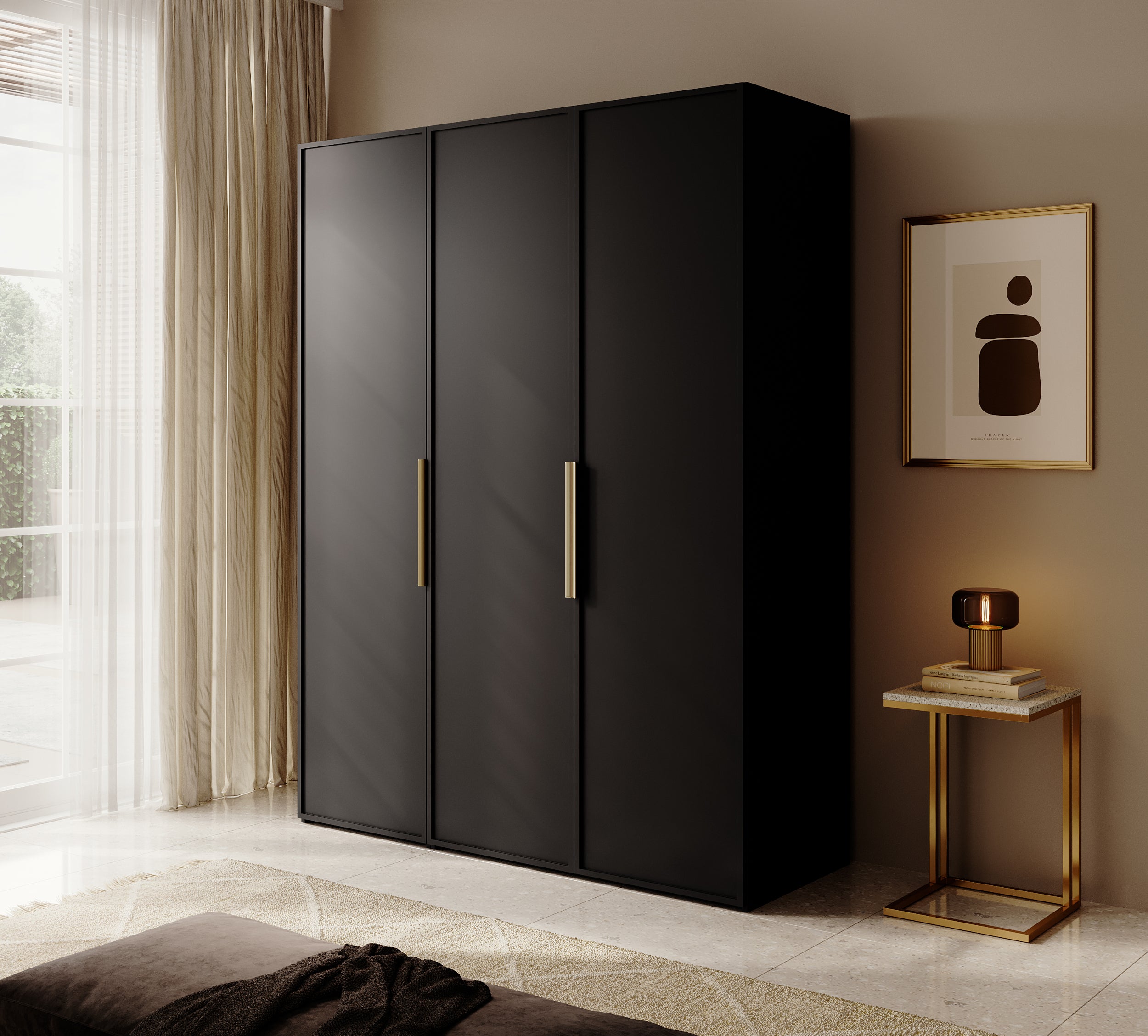 Drehtürenschrank Frame mit Kleiderstange, Regalen und Container 150 cm Schwarz