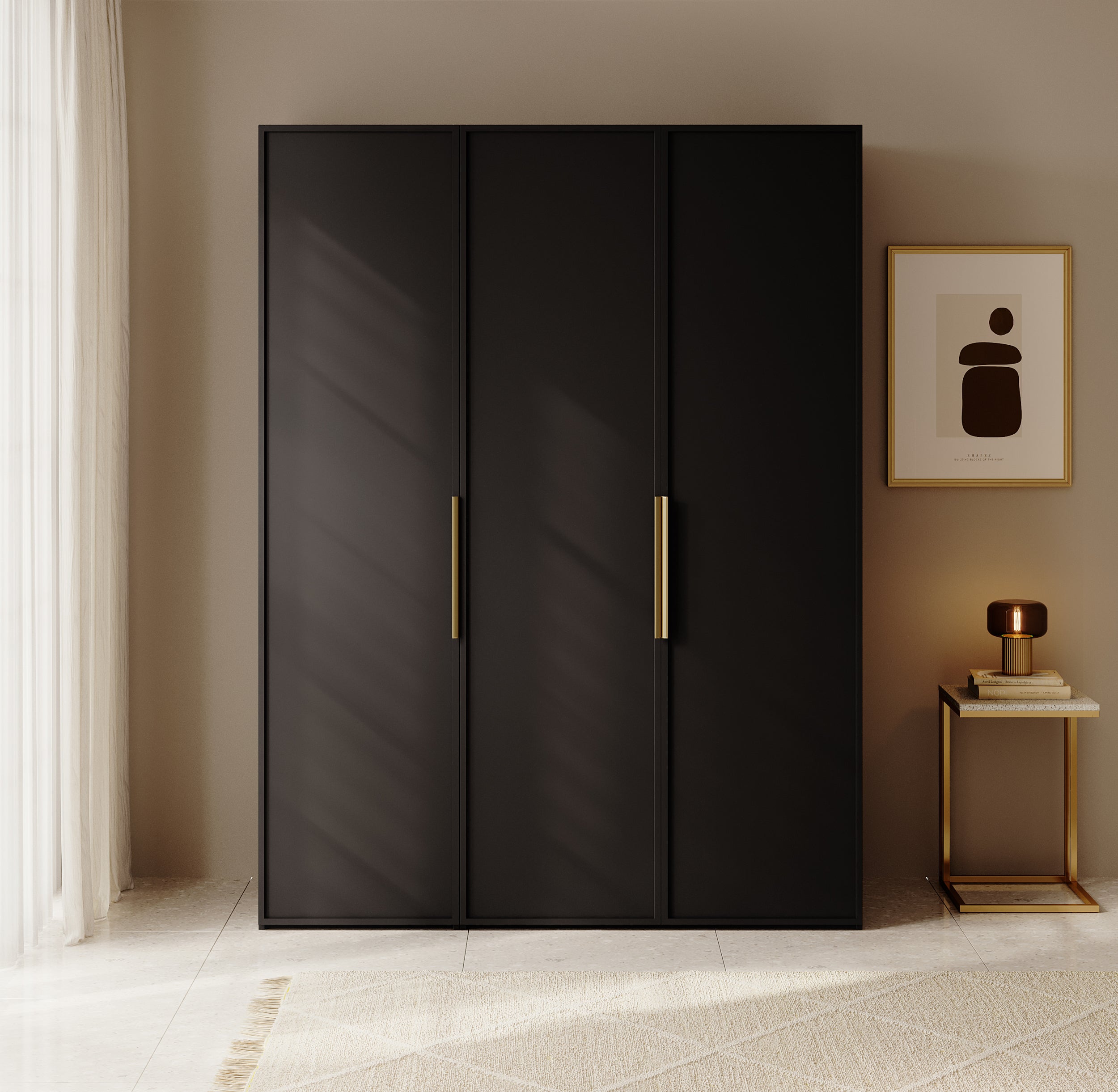 Drehtürenschrank Frame mit Kleiderstange, Regalen und Container 150 cm Schwarz