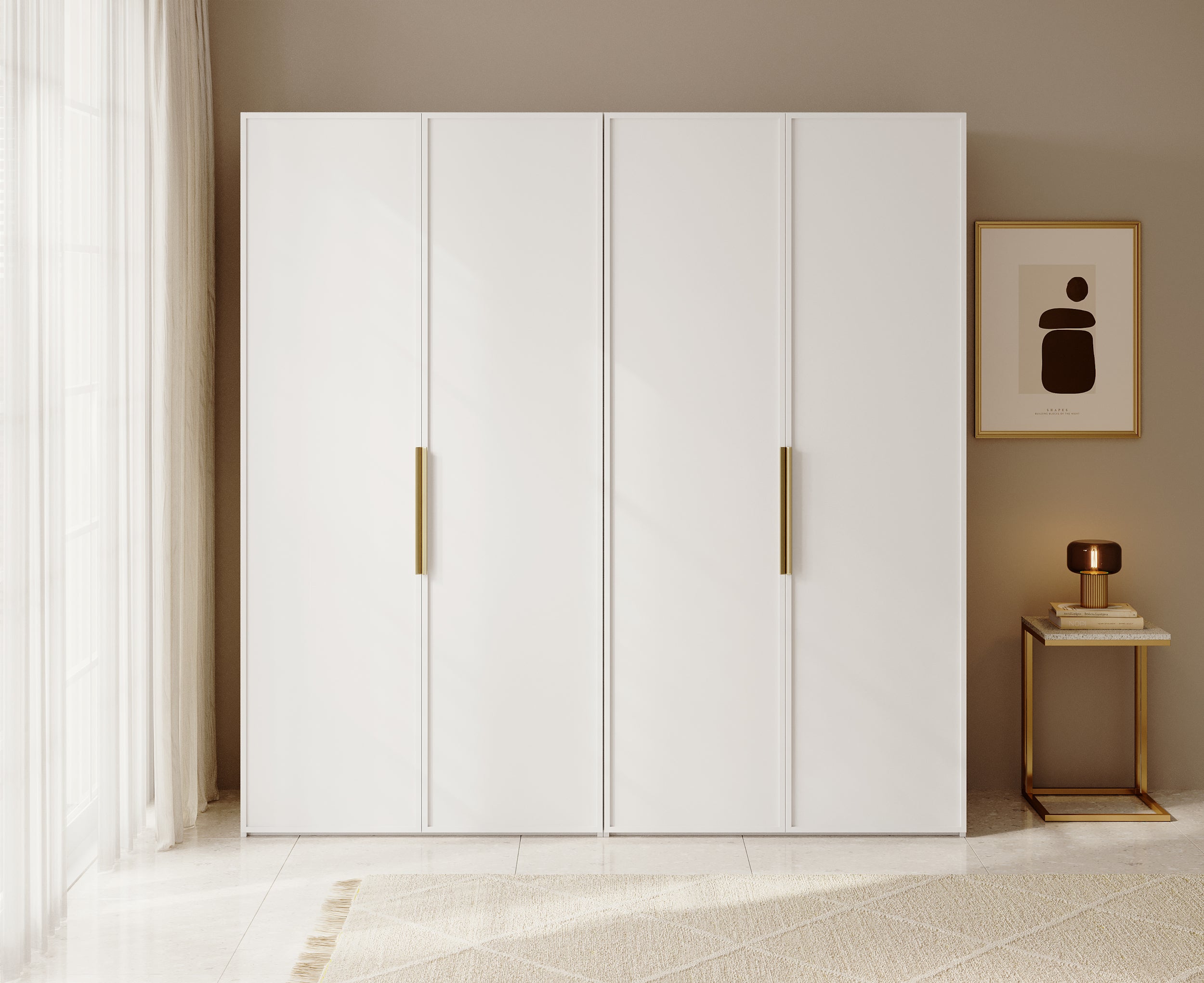 Vier­türiger Frame-Kleiderschrank mit zwei Kleiderstangen, Regalen und Schubfach, 200 cm, Weiß