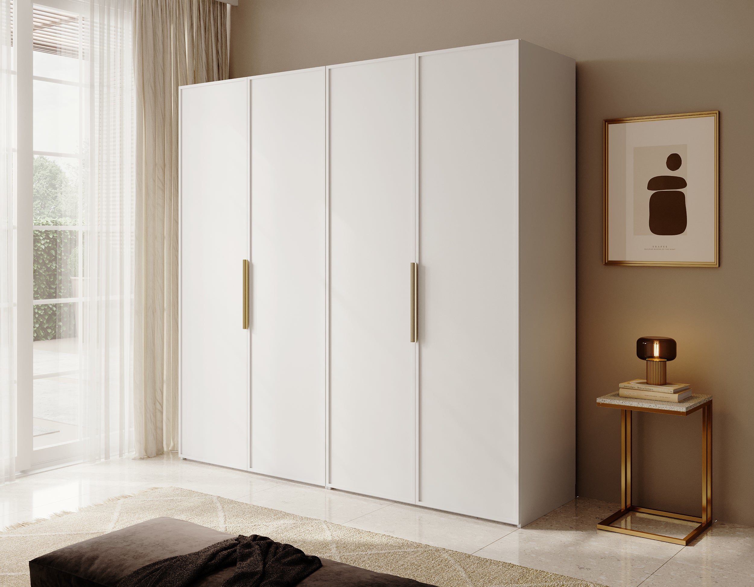 Vier­türiger Frame-Kleiderschrank mit zwei Kleiderstangen, Regalen und Schubfach, 200 cm, Weiß