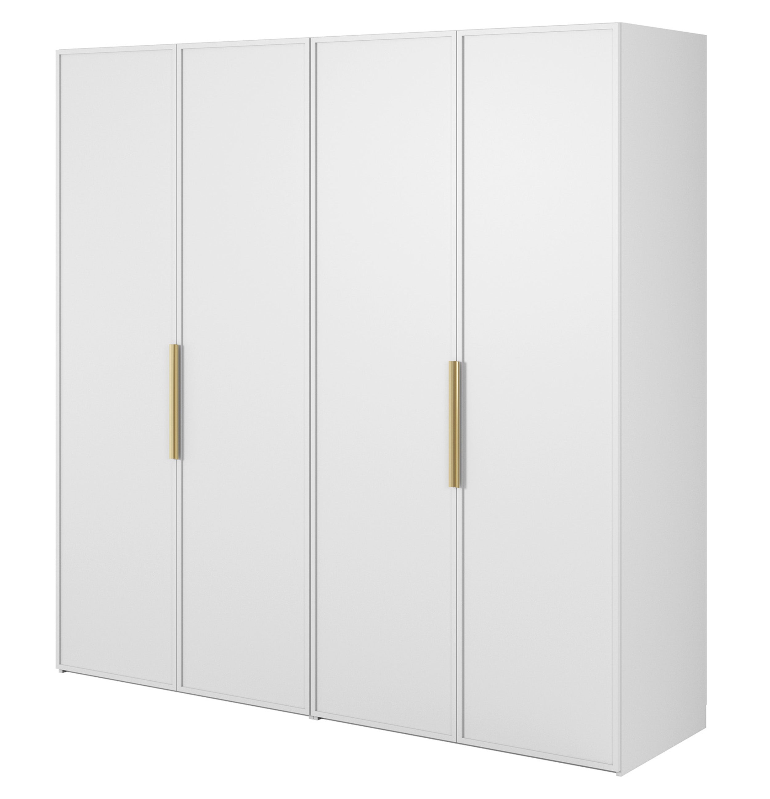 Vier­türiger Frame-Kleiderschrank mit zwei Kleiderstangen, Regalen und Schubfach, 200 cm, Weiß
