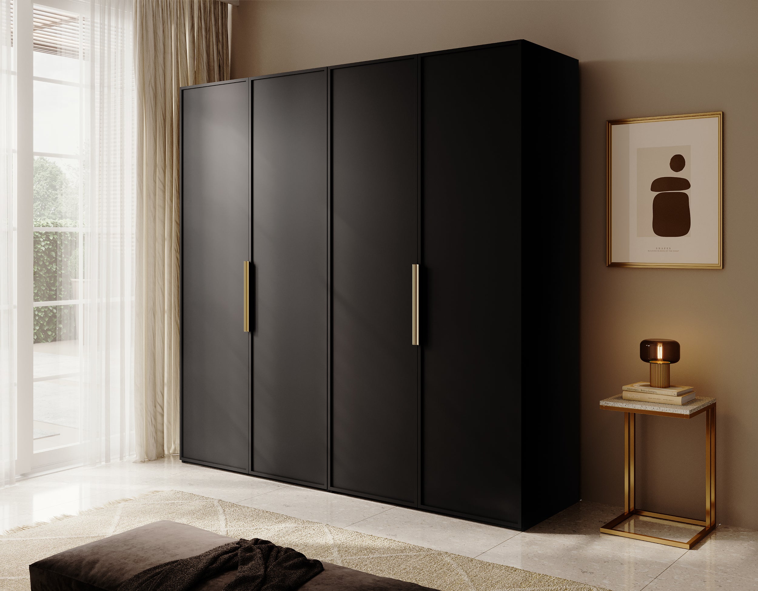 Vier­türiger Schrank Frame mit Kleiderstange und Regalen, 200 cm, Schwarz