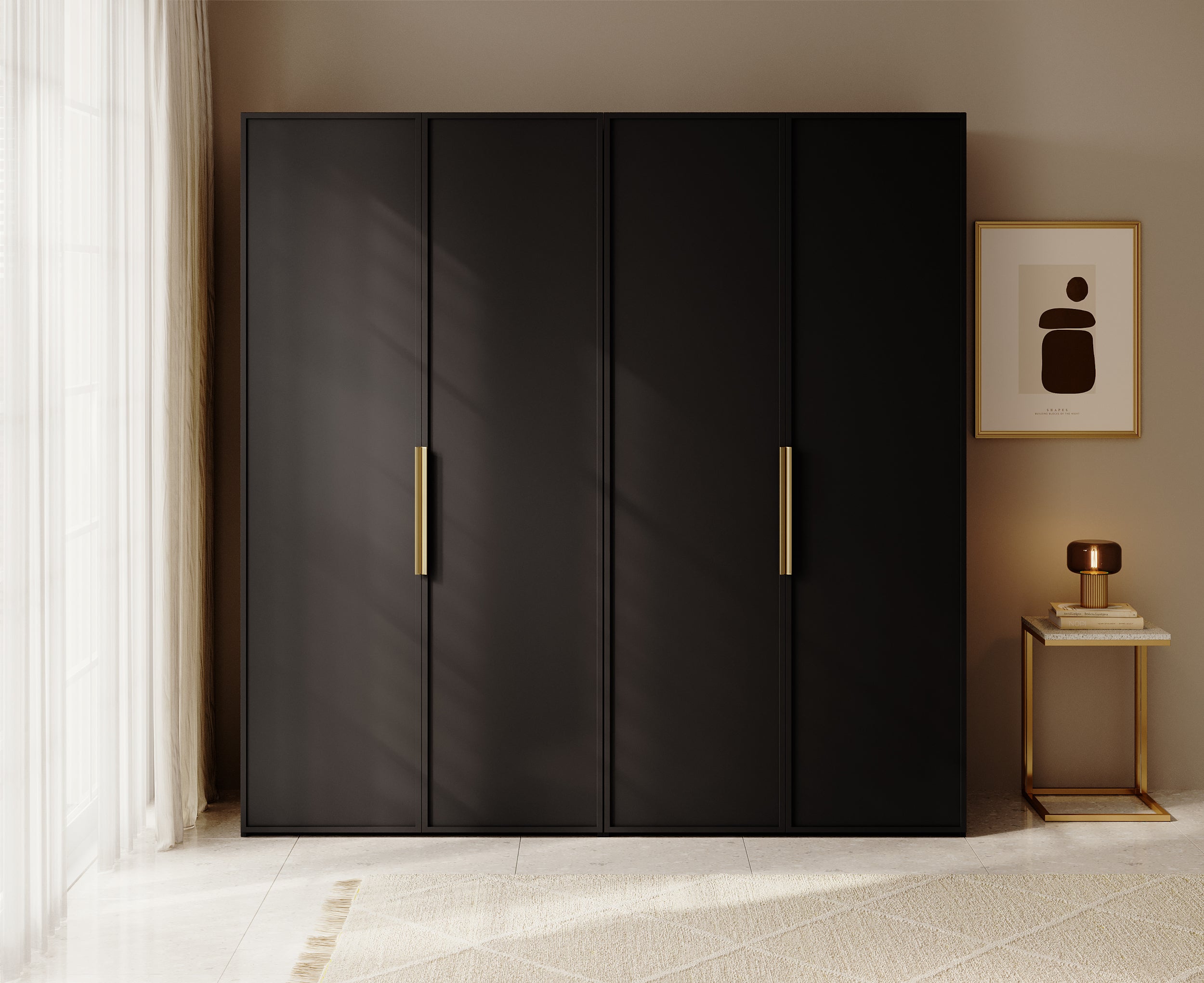 Vier­türiger Schrank Frame mit zwei Kleiderstangen, 200 cm, Schwarz