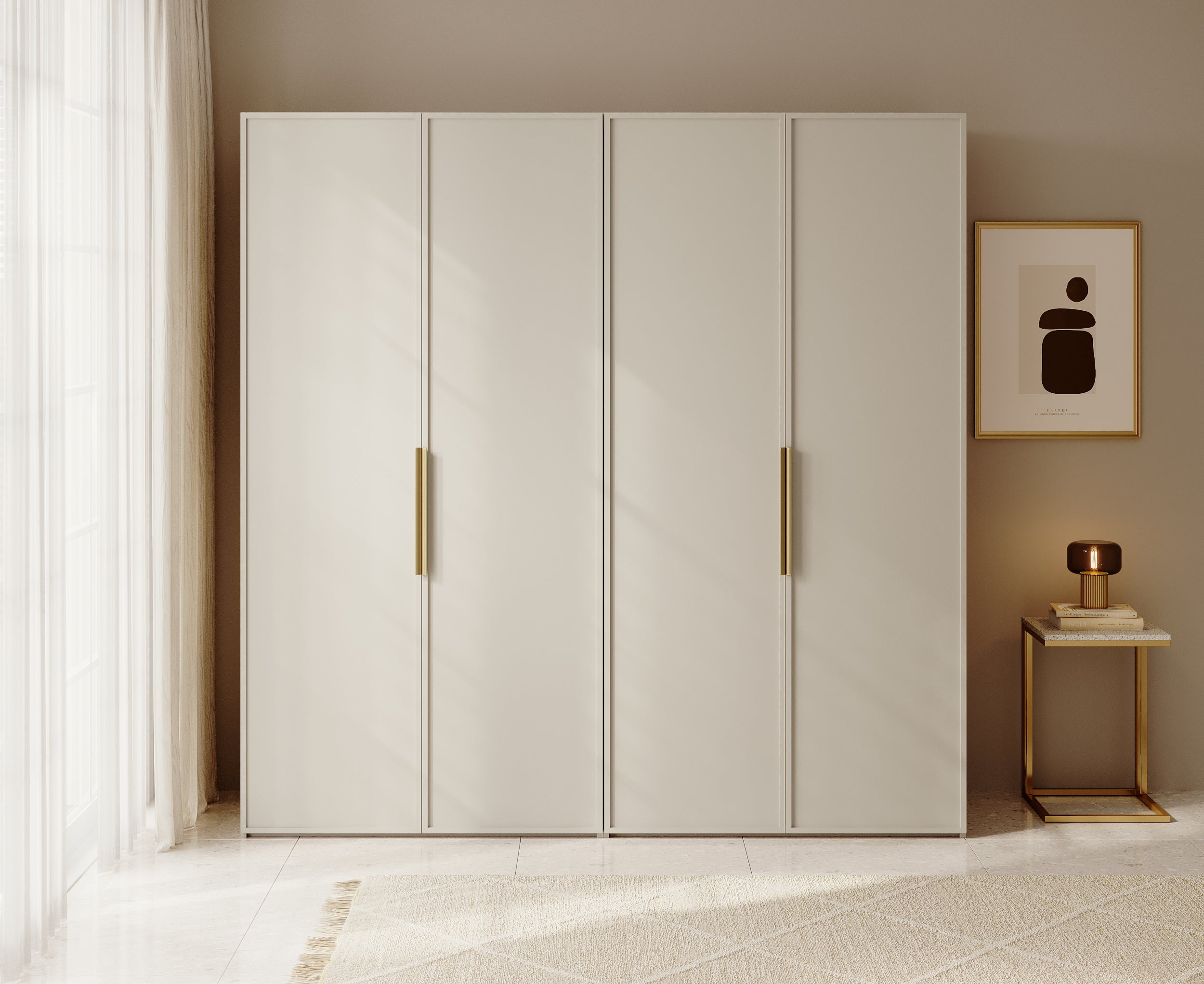 Vier­tü­riger Frame-Kleiderschrank mit zwei Kleiderstangen, 200 cm, Grau-Beige