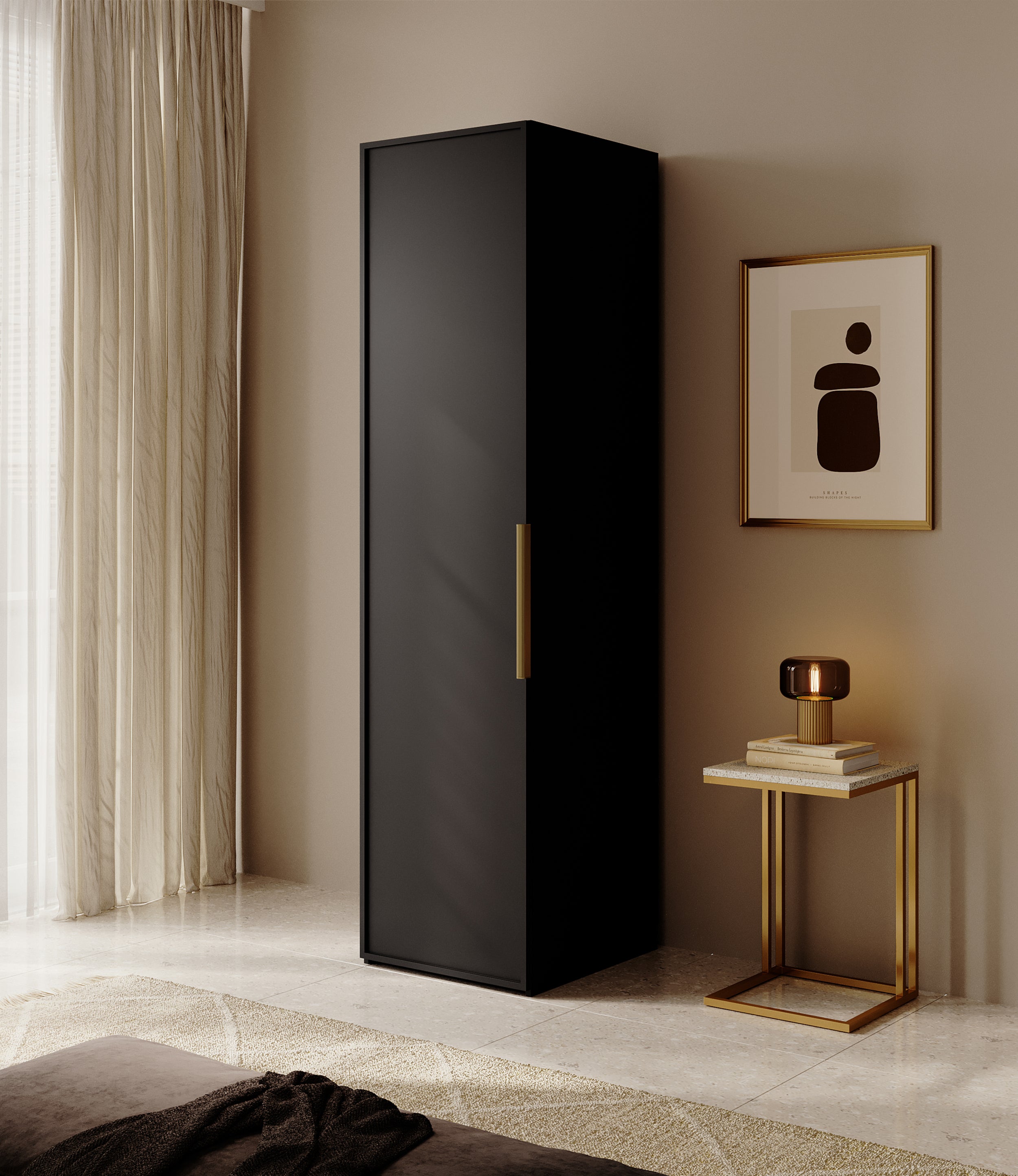 Einzeltüriger Frame-Schrank mit 50 cm Kleiderstange, Schwarz