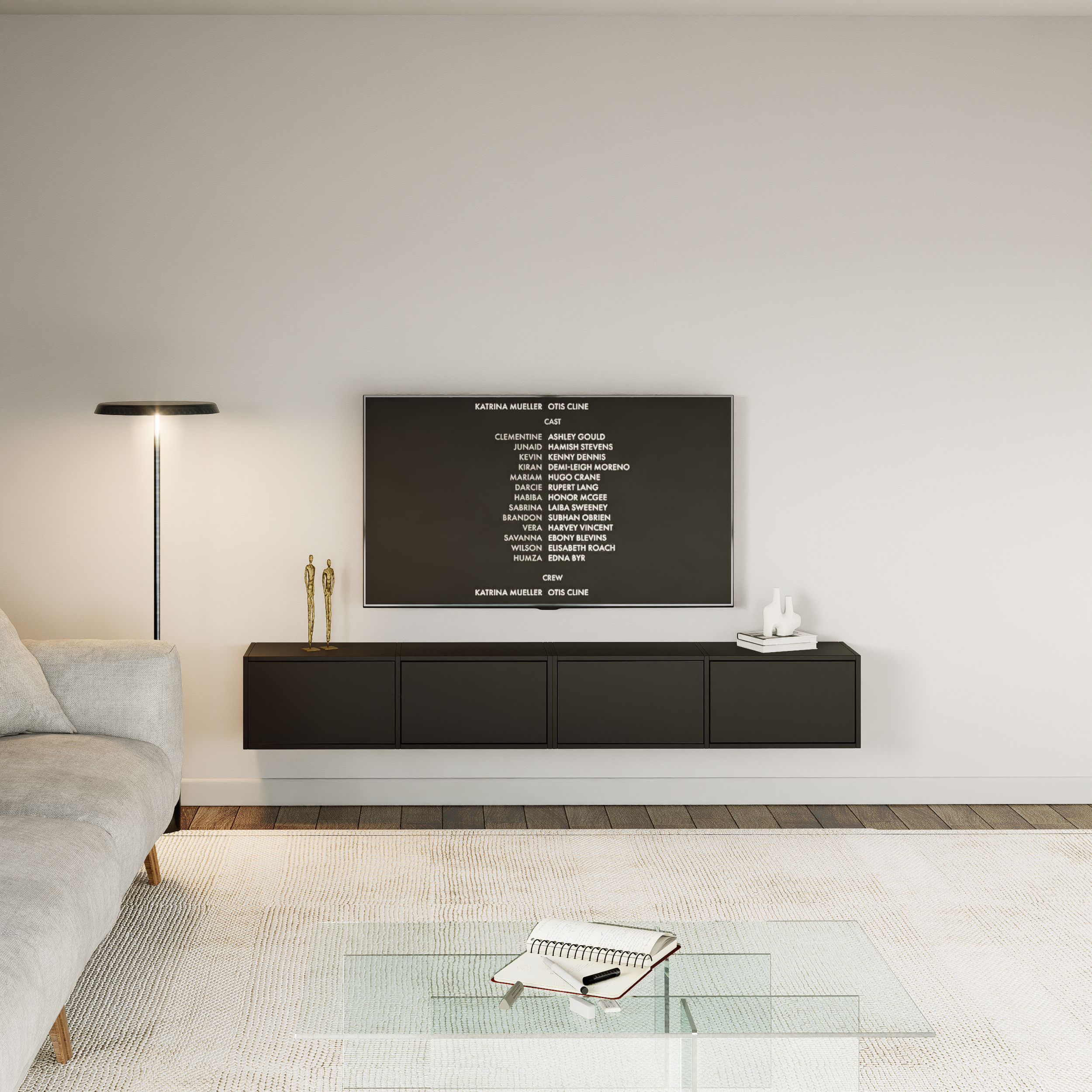 Hängender TV-Schrank Framme mit vier Klappen, 200 cm, schwarz
