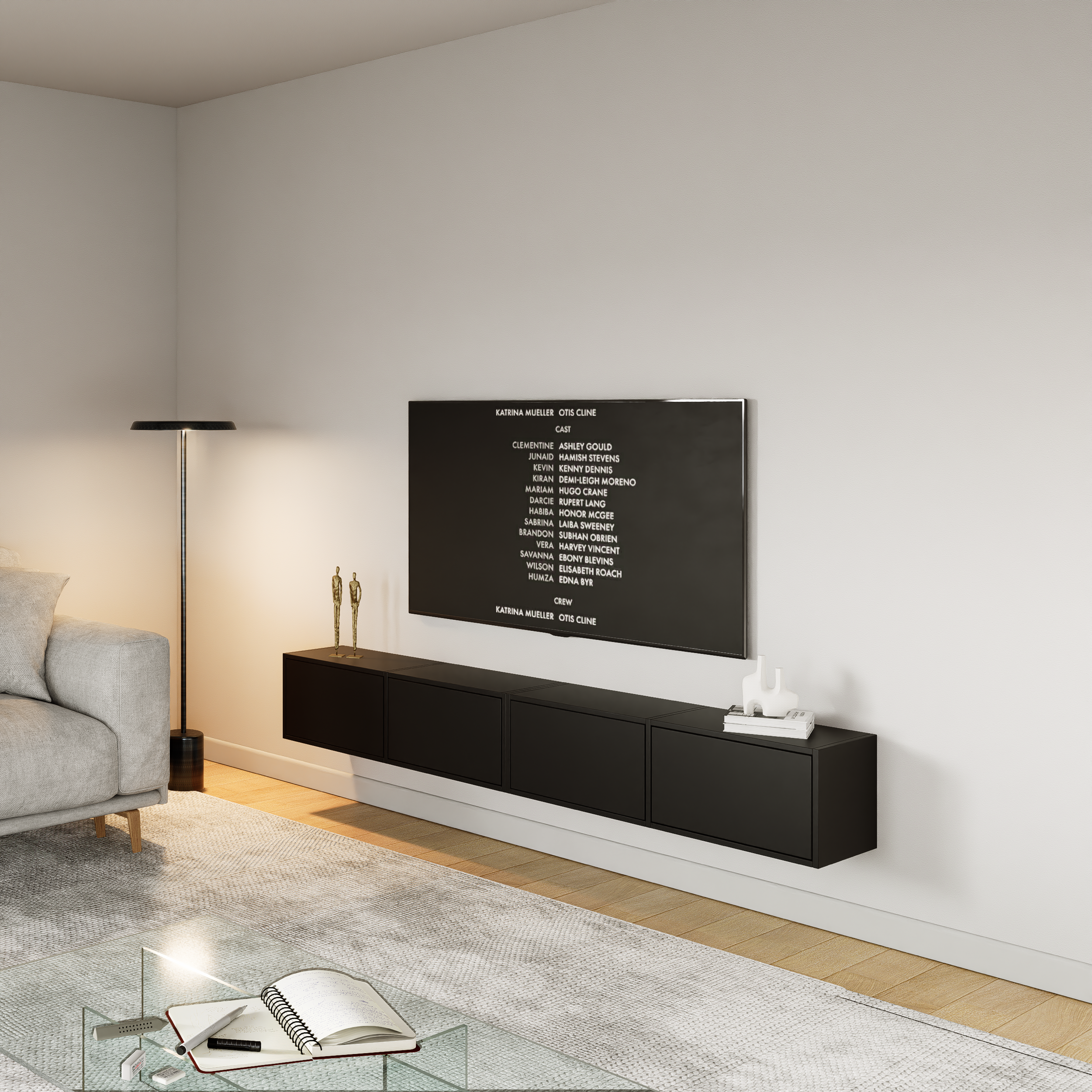 Hängender TV-Schrank Framme mit vier Klappen, 200 cm, schwarz