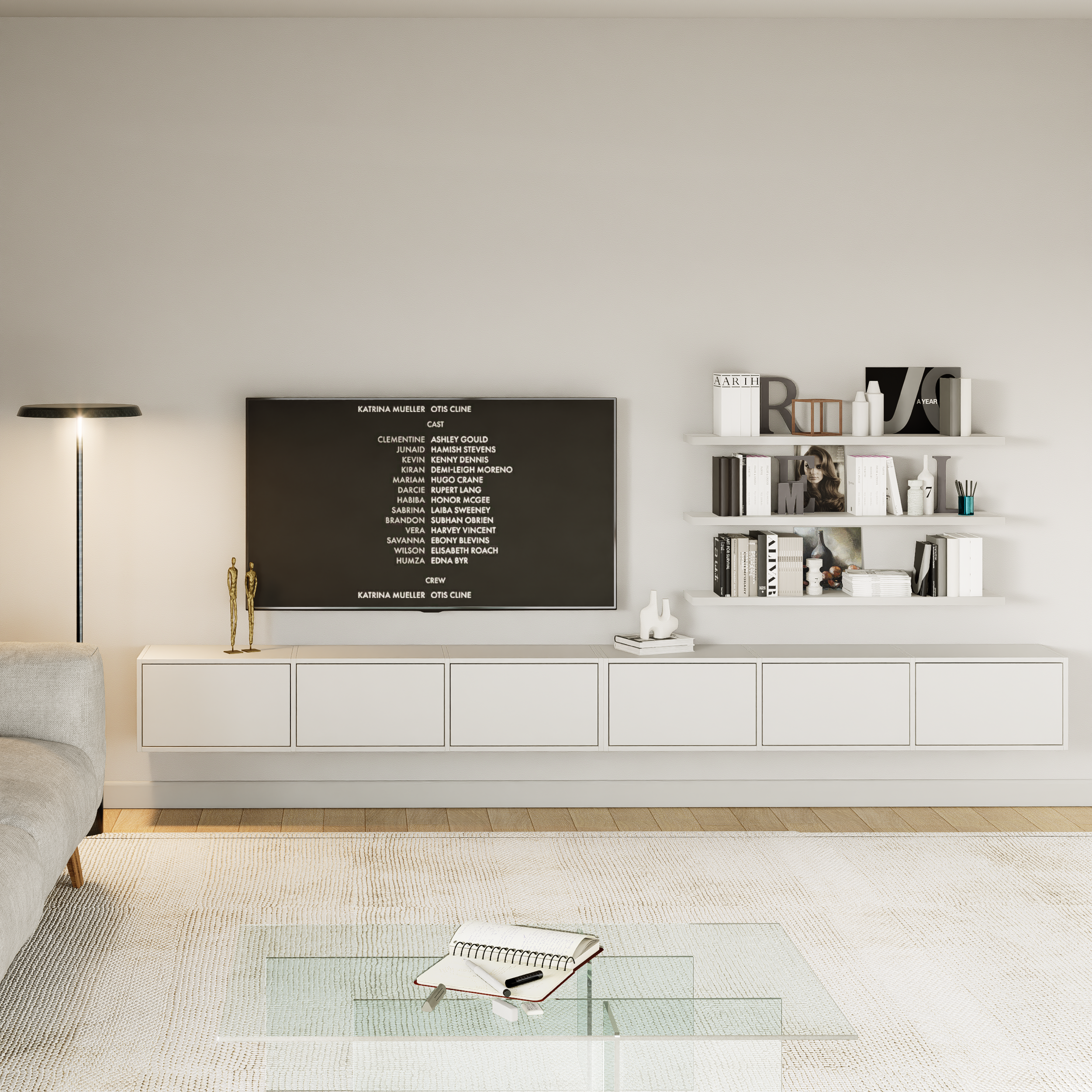 Hängender TV-Schrank Framme mit sechs Klappen, 300 cm, weiß