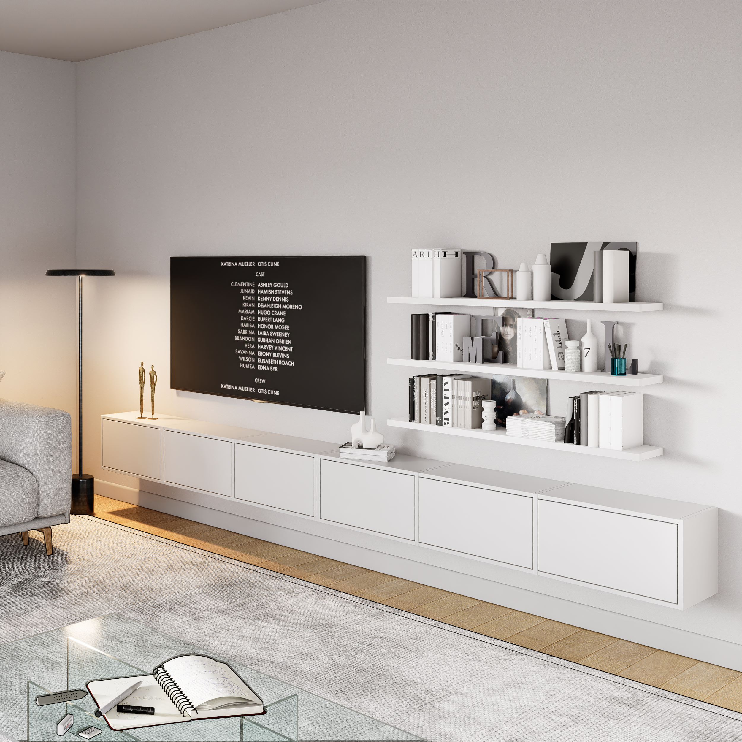 Hängender TV-Schrank Framme mit sechs Klappen, 300 cm, weiß