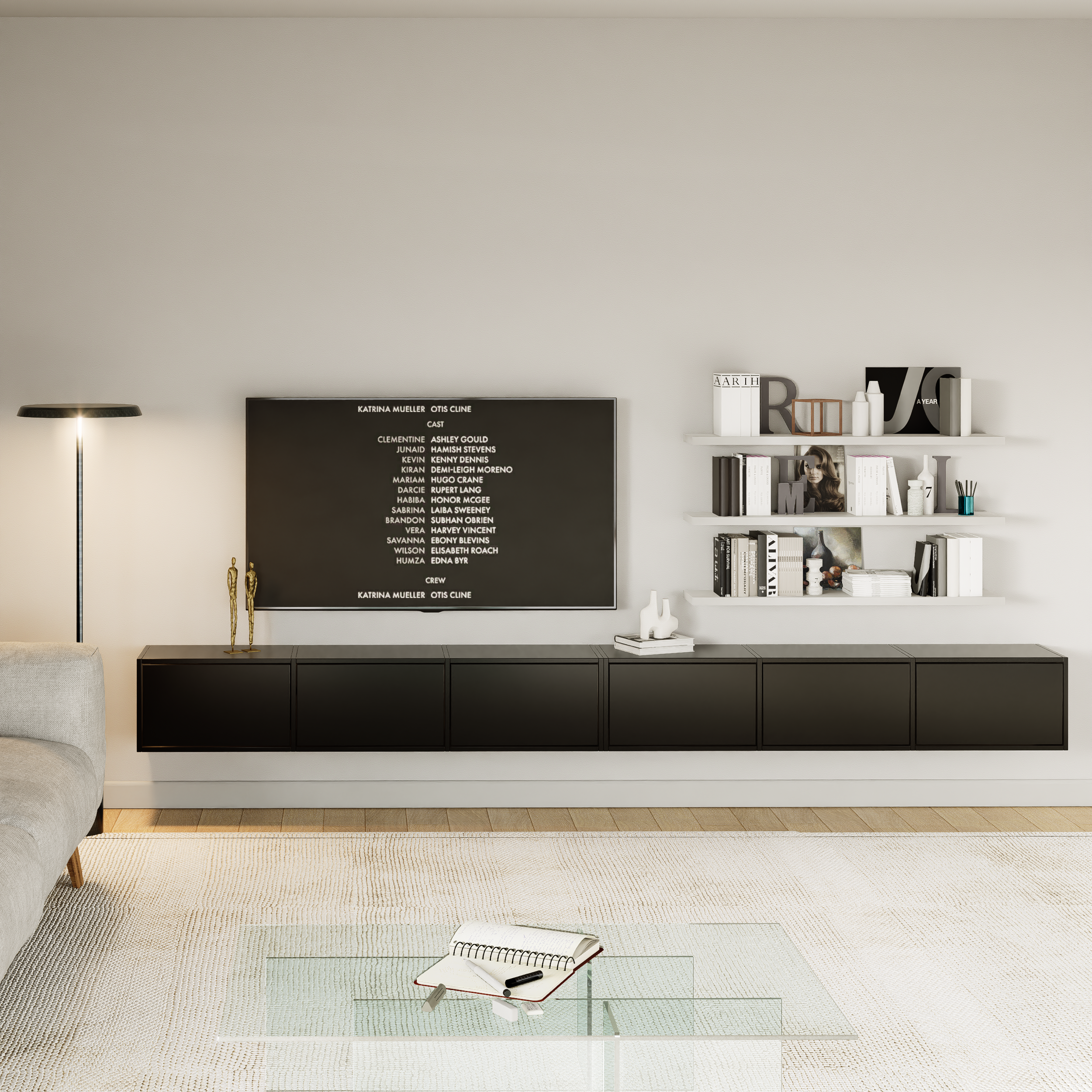Hängender TV-Schrank Framme mit sechs Klappen, 300 cm, schwarz