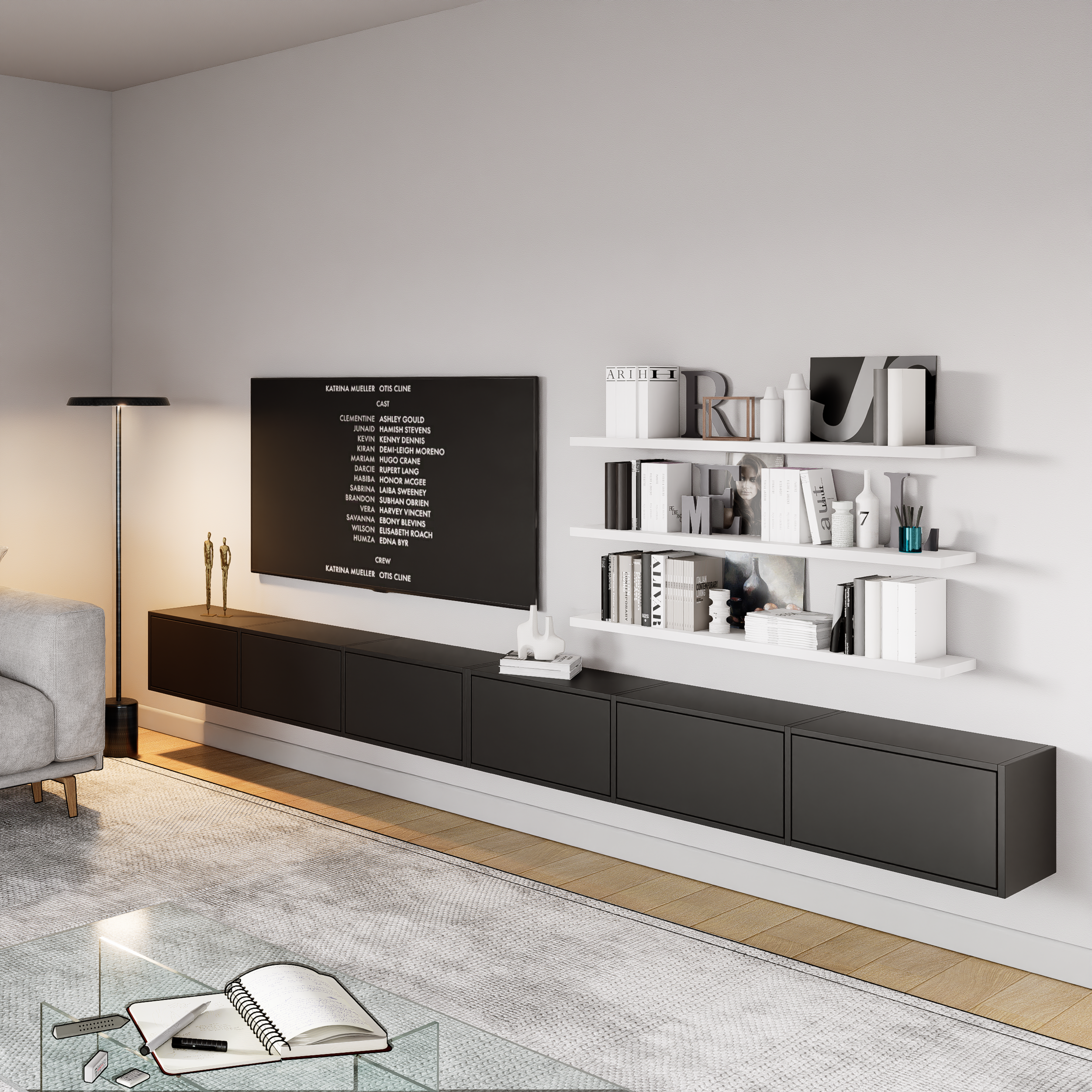 Hängender TV-Schrank Framme mit sechs Klappen, 300 cm, schwarz