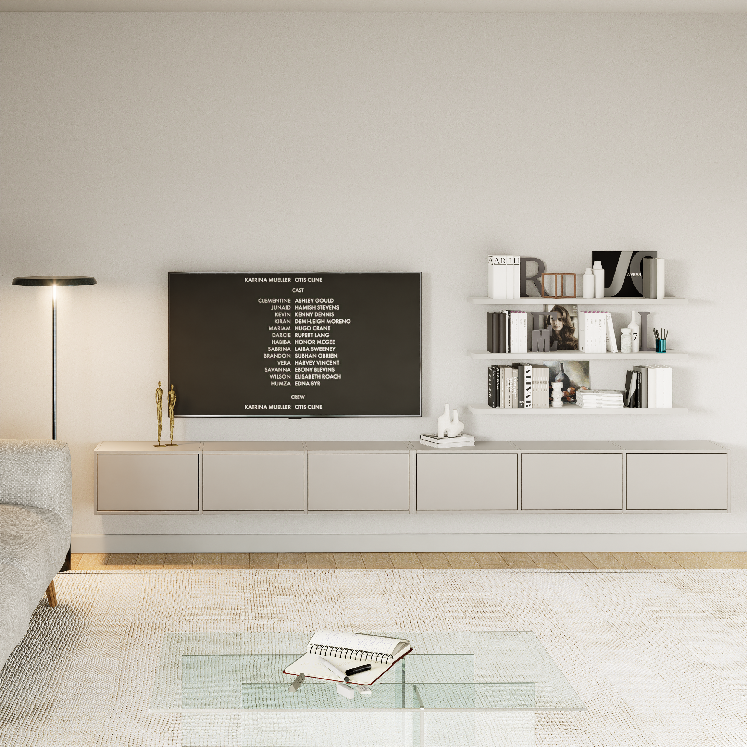 Hängender TV-Schrank Framme mit sechs Klappen, 300 cm, Kaschmir