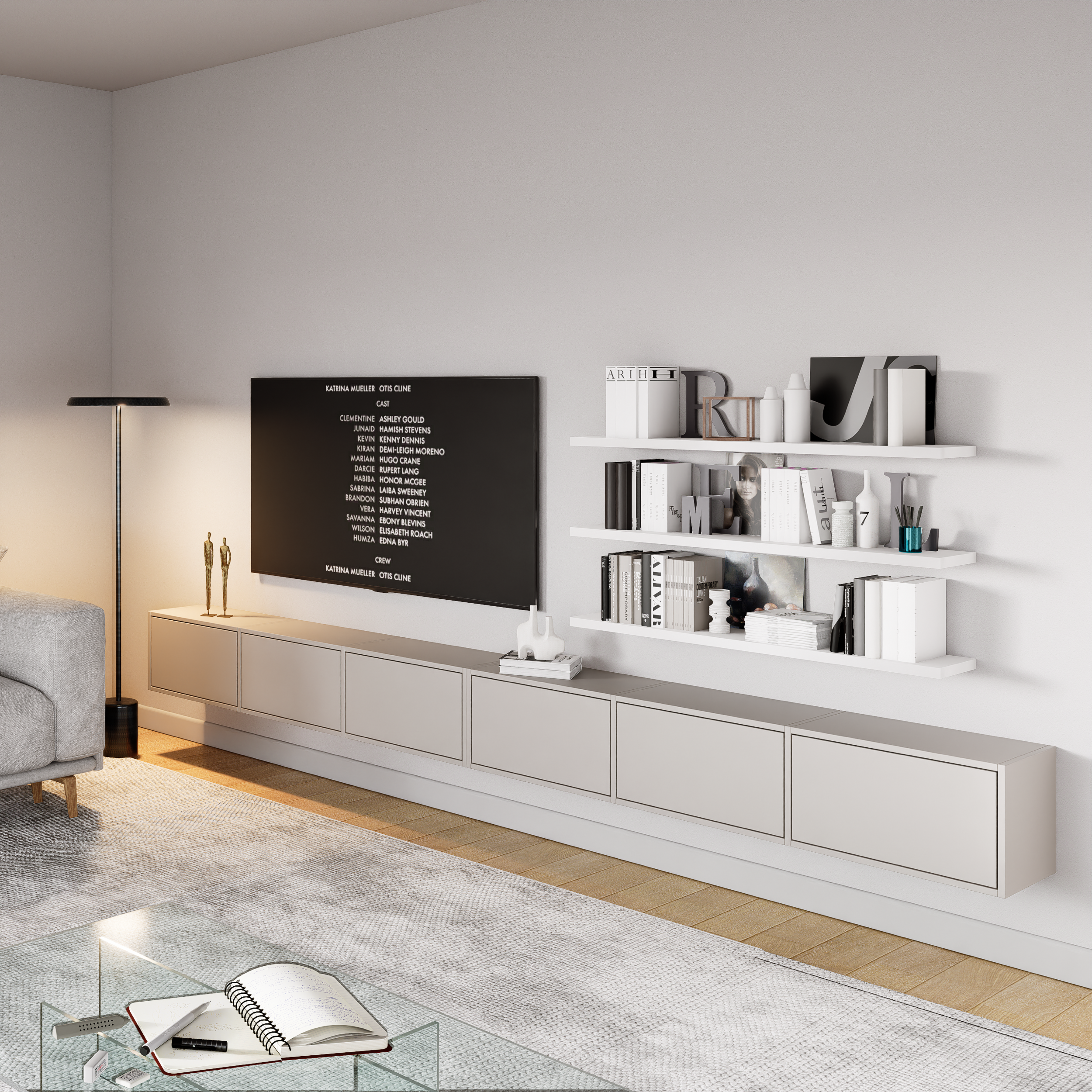 Hängender TV-Schrank Framme mit sechs Klappen, 300 cm, Kaschmir
