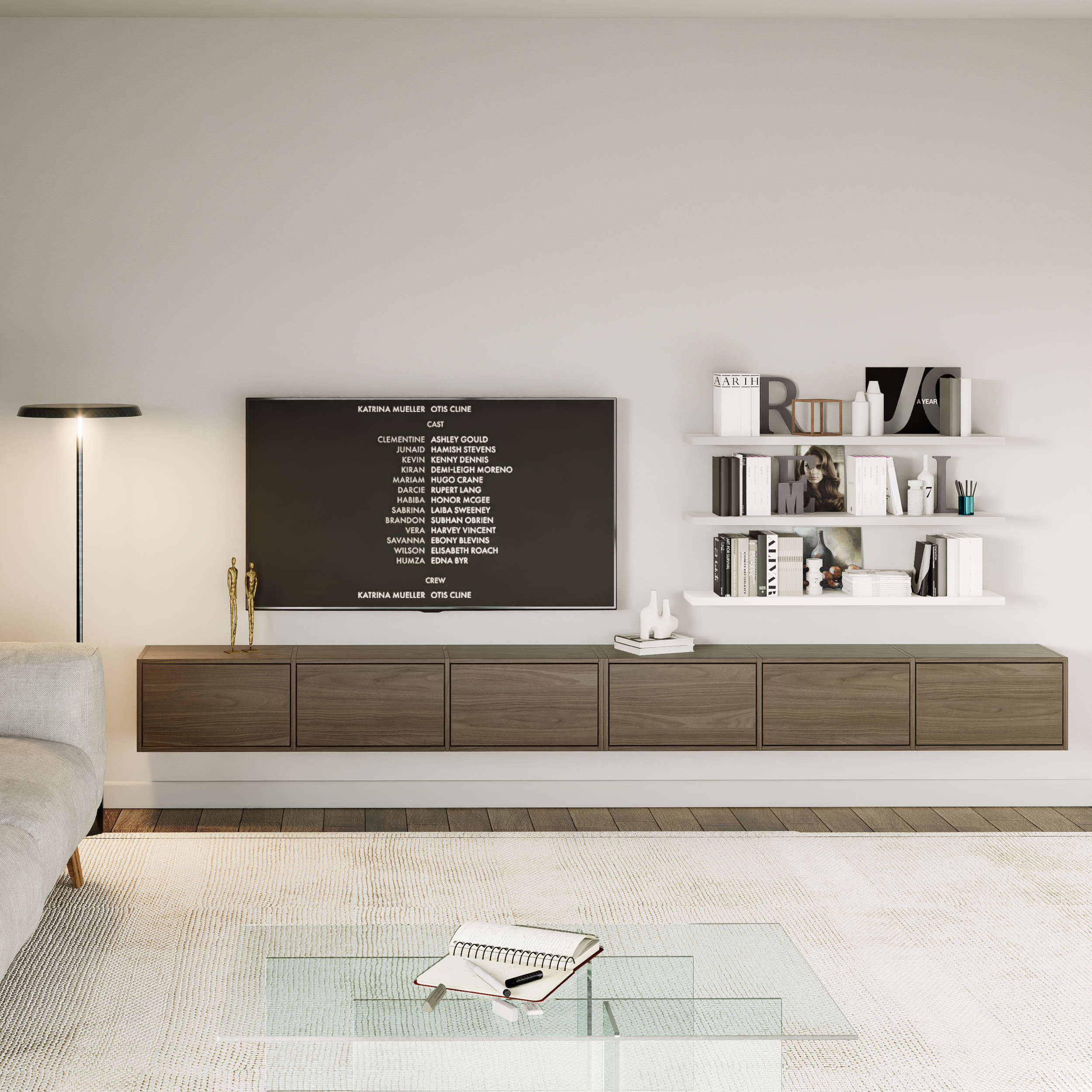 Hängender TV-Schrank Framme mit sechs Klappen, 300 cm, Wisconsin-Nussbaum