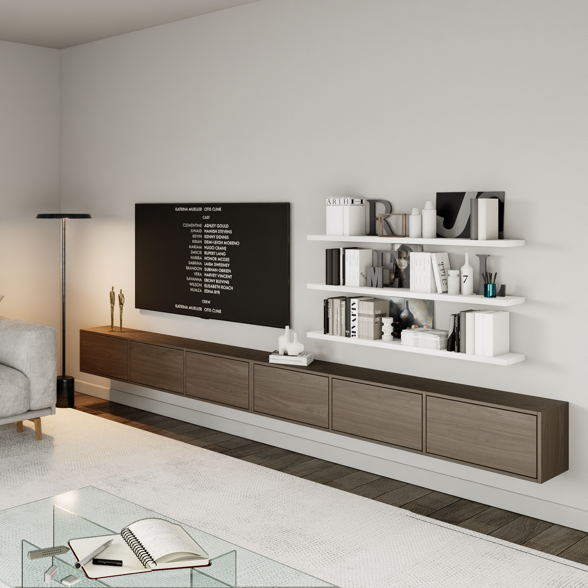 Hängender TV-Schrank Framme mit sechs Klappen, 300 cm, Wisconsin-Nussbaum