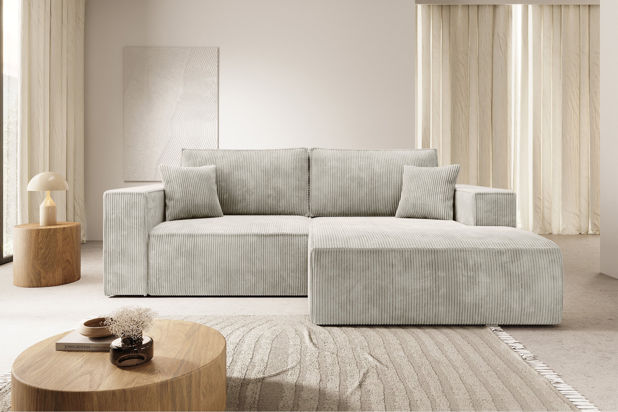 Ecksofa mit Schlaffunktion Farese Mini, L-förmig, linksseitig, mit Stauraum, hellgrauer Cordstoff
