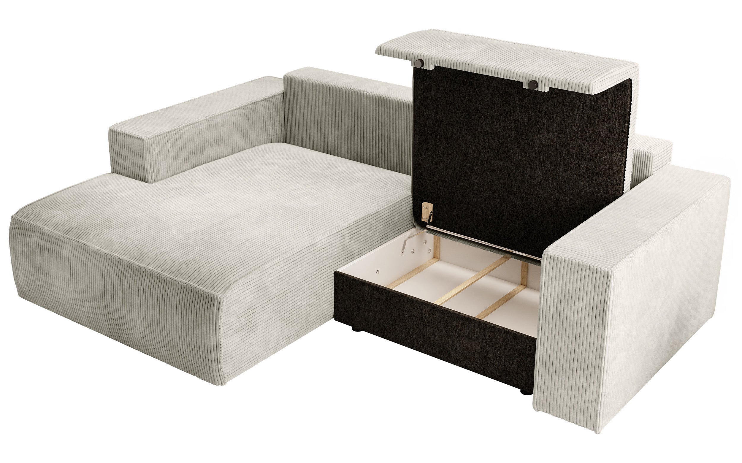 Ecksofa mit Schlaffunktion Farese Mini, L-förmig, linksseitig, mit Stauraum, grau-beiger Cordstoff