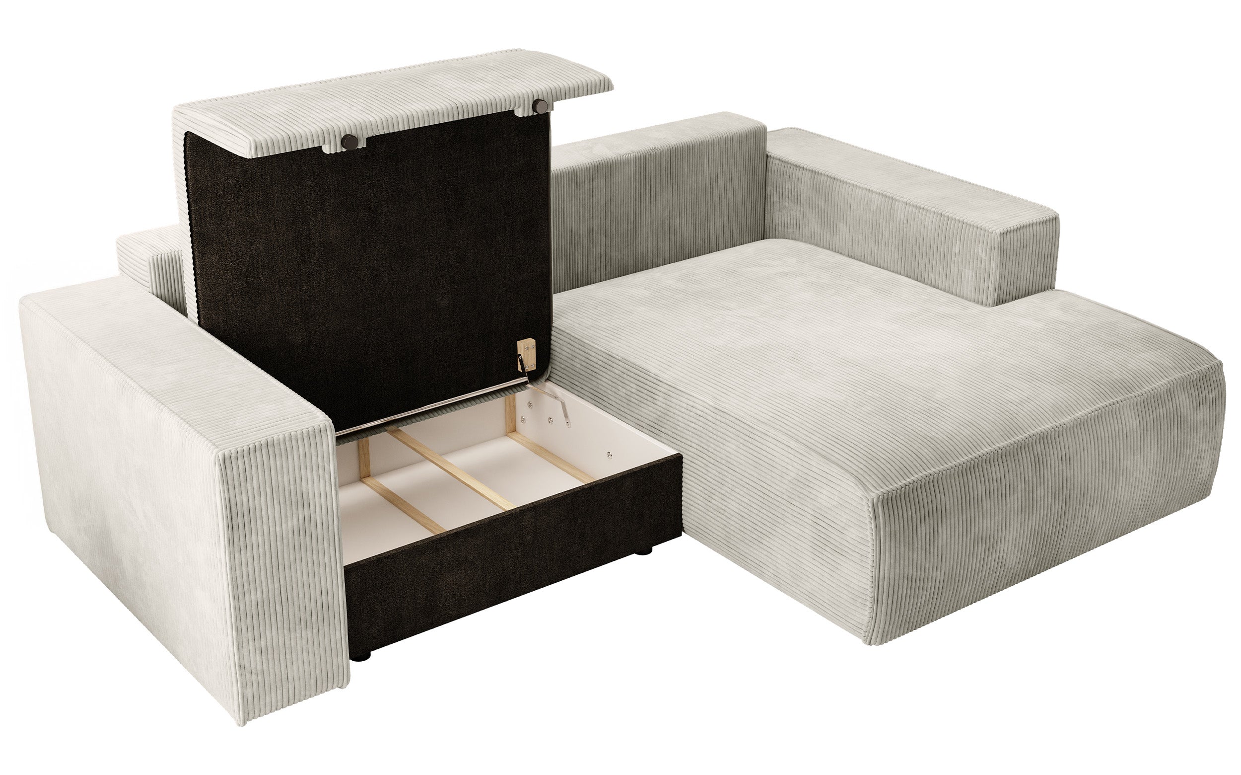 Ecksofa mit Schlaffunktion Farese Mini, L-förmig, rechtsseitig, mit Stauraum, grau-beige Cordstoff