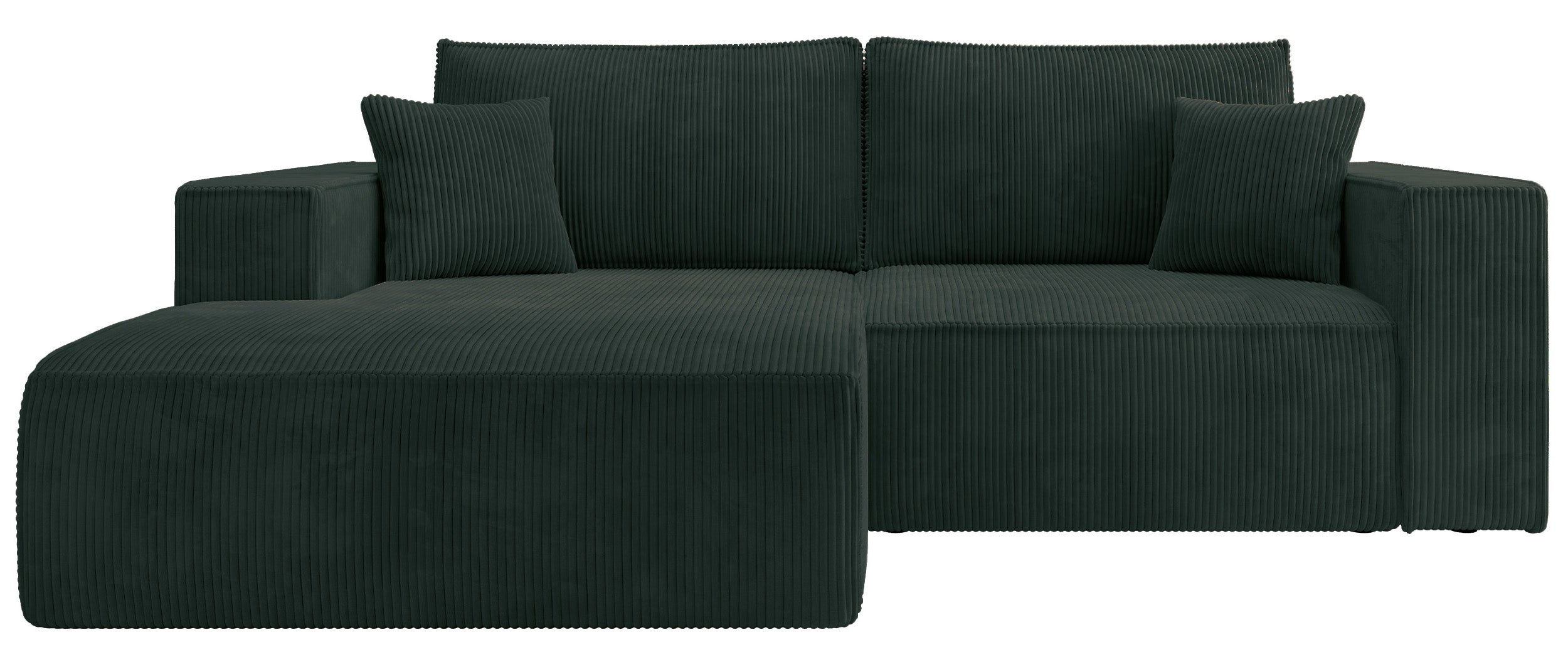 Ecksofa mit Schlaffunktion Farese Mini, L-förmig, linksseitig, mit Stauraum, dunkelgrüner Cordstoff