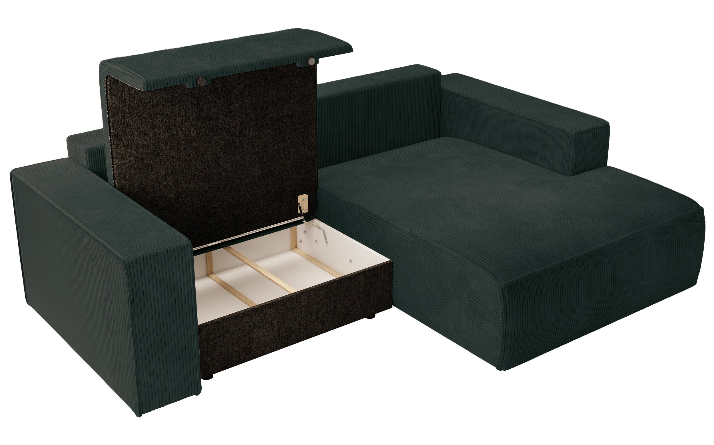 Ecksofa mit Schlaffunktion Farese Mini, L-förmig, rechtsseitig, mit Stauraum, dunkelgrüner Cordstoff