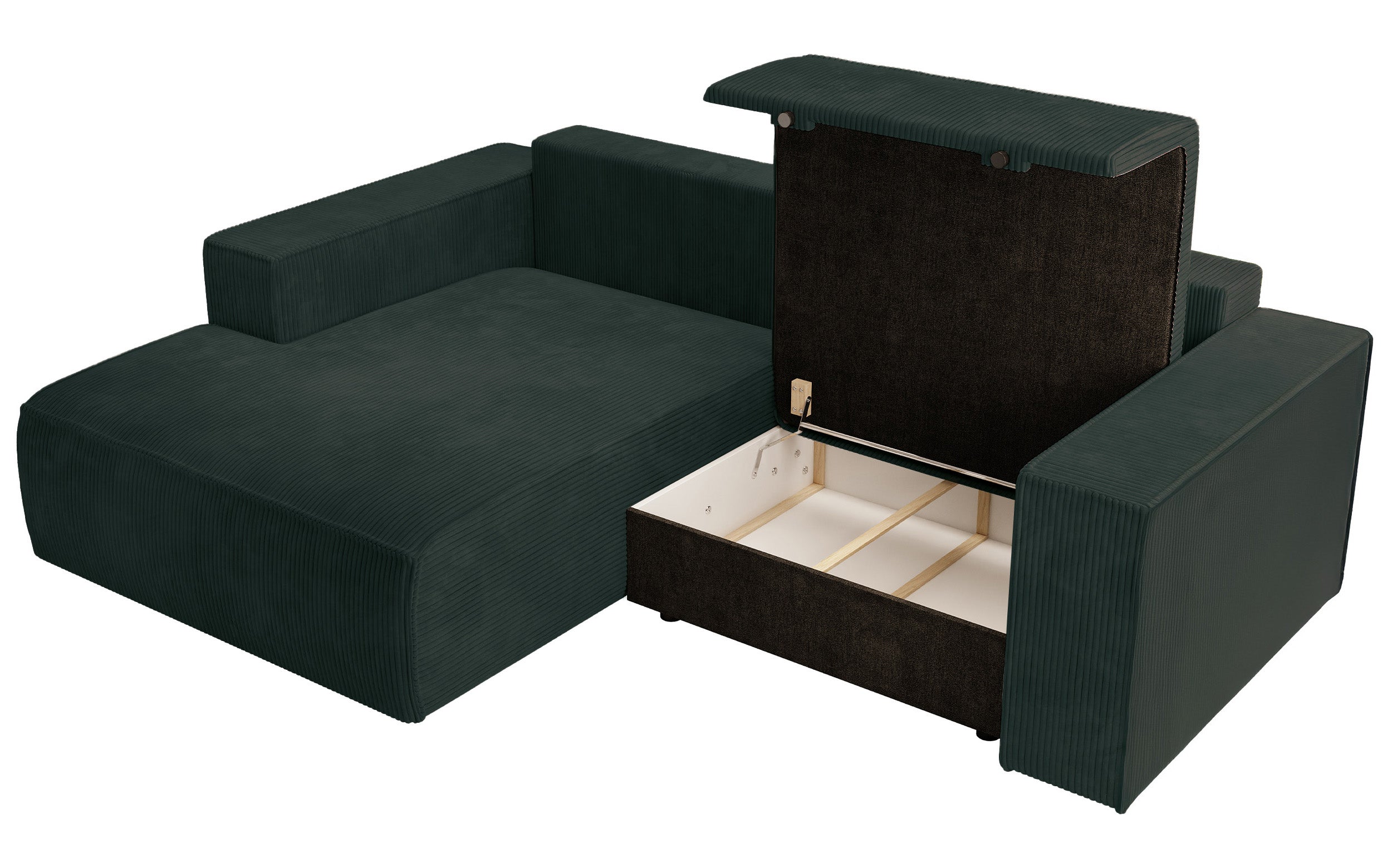 Ecksofa mit Schlaffunktion Farese Mini, L-förmig, linksseitig, mit Stauraum, dunkelgrüner Cordstoff