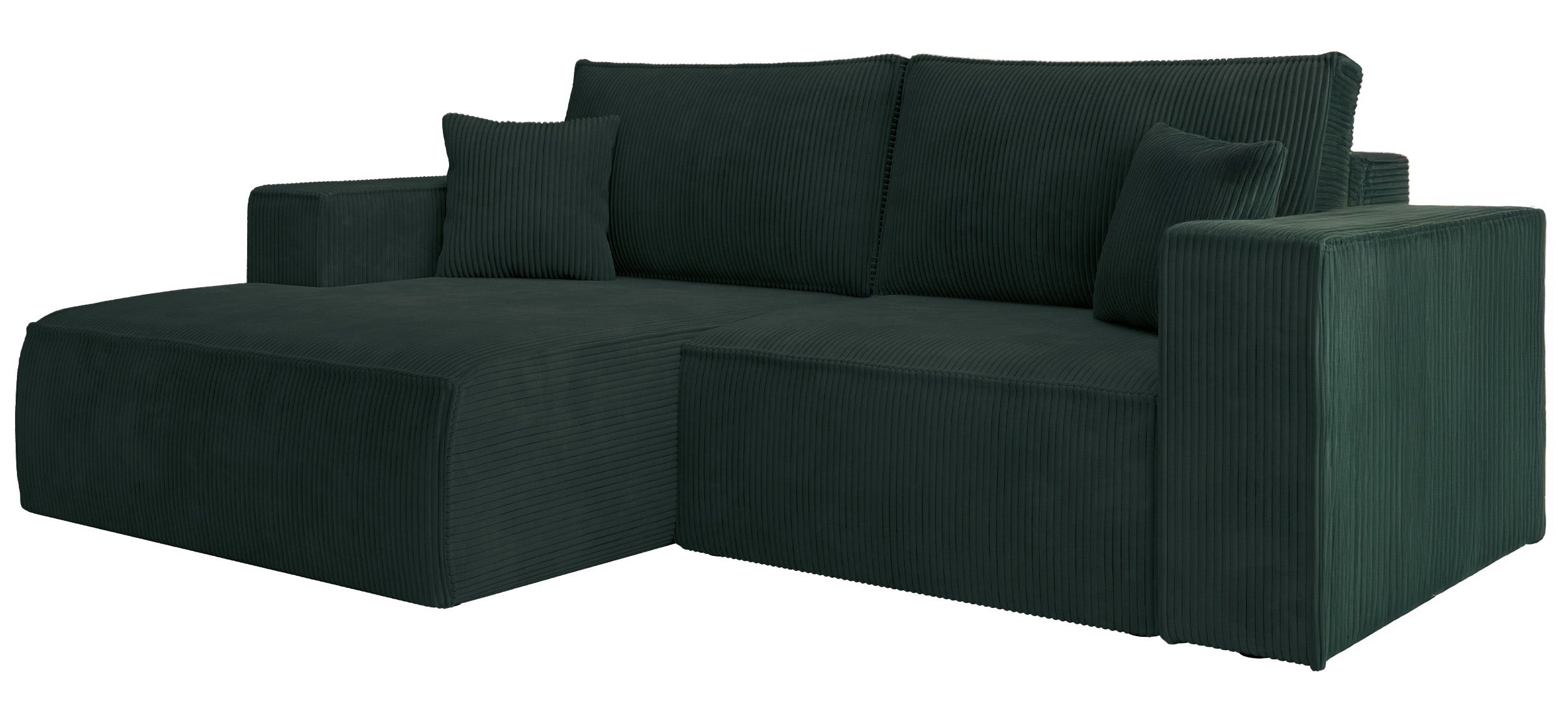 Ecksofa mit Schlaffunktion Farese Mini, L-förmig, linksseitig, mit Stauraum, dunkelgrüner Cordstoff
